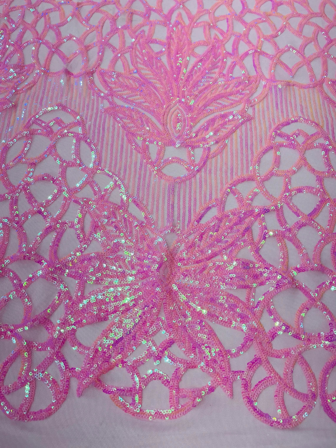 Gorgeous Star Leaf Fabric - Candy Pink - Leaf Design Embroidered 4 Way Stretch Sequins Fabric By Yard