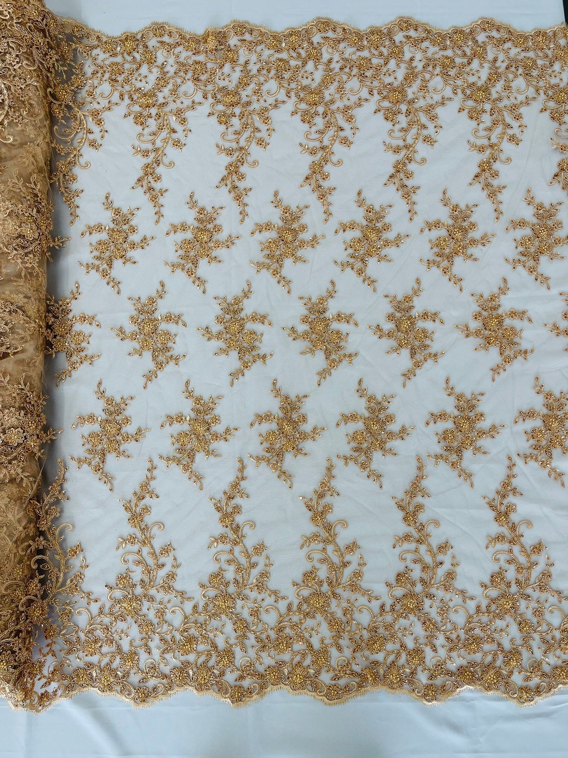 Floral Long Border Bead Fabric - Champagne - Embroidered Floral Cluster Design Fabric By Yard