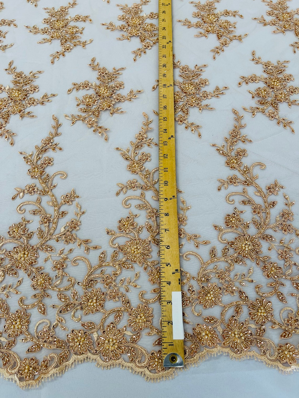 Floral Long Border Bead Fabric - Champagne - Embroidered Floral Cluster Design Fabric By Yard