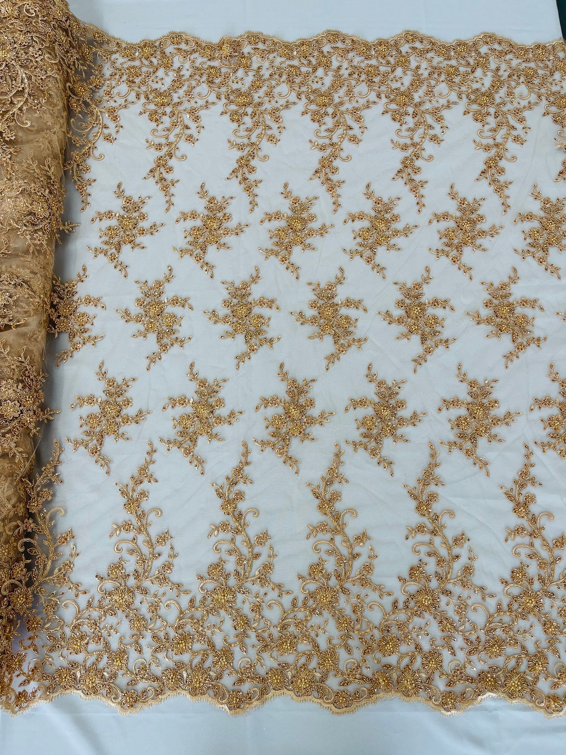 Floral Long Border Bead Fabric - Champagne - Embroidered Floral Cluster Design Fabric By Yard