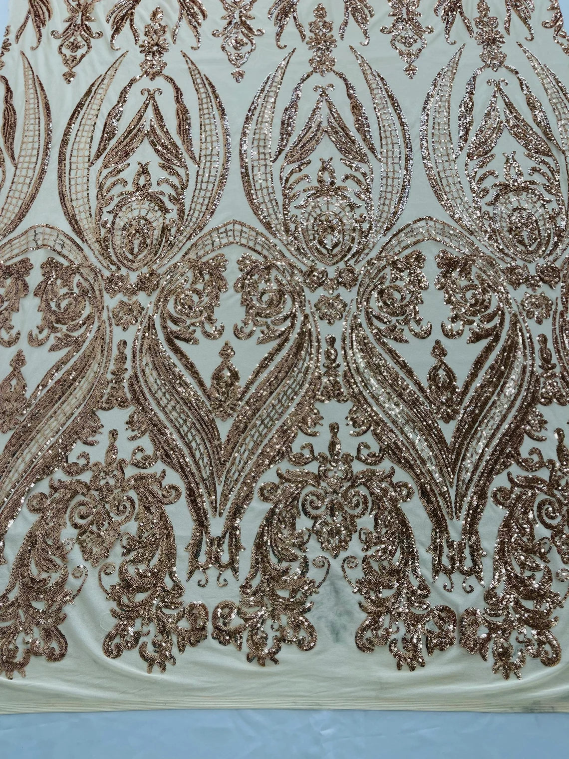 Big Damask 4 Way Sequins - Champagne - Embroidered Damask Design Sequins Fabric Sold By Yard