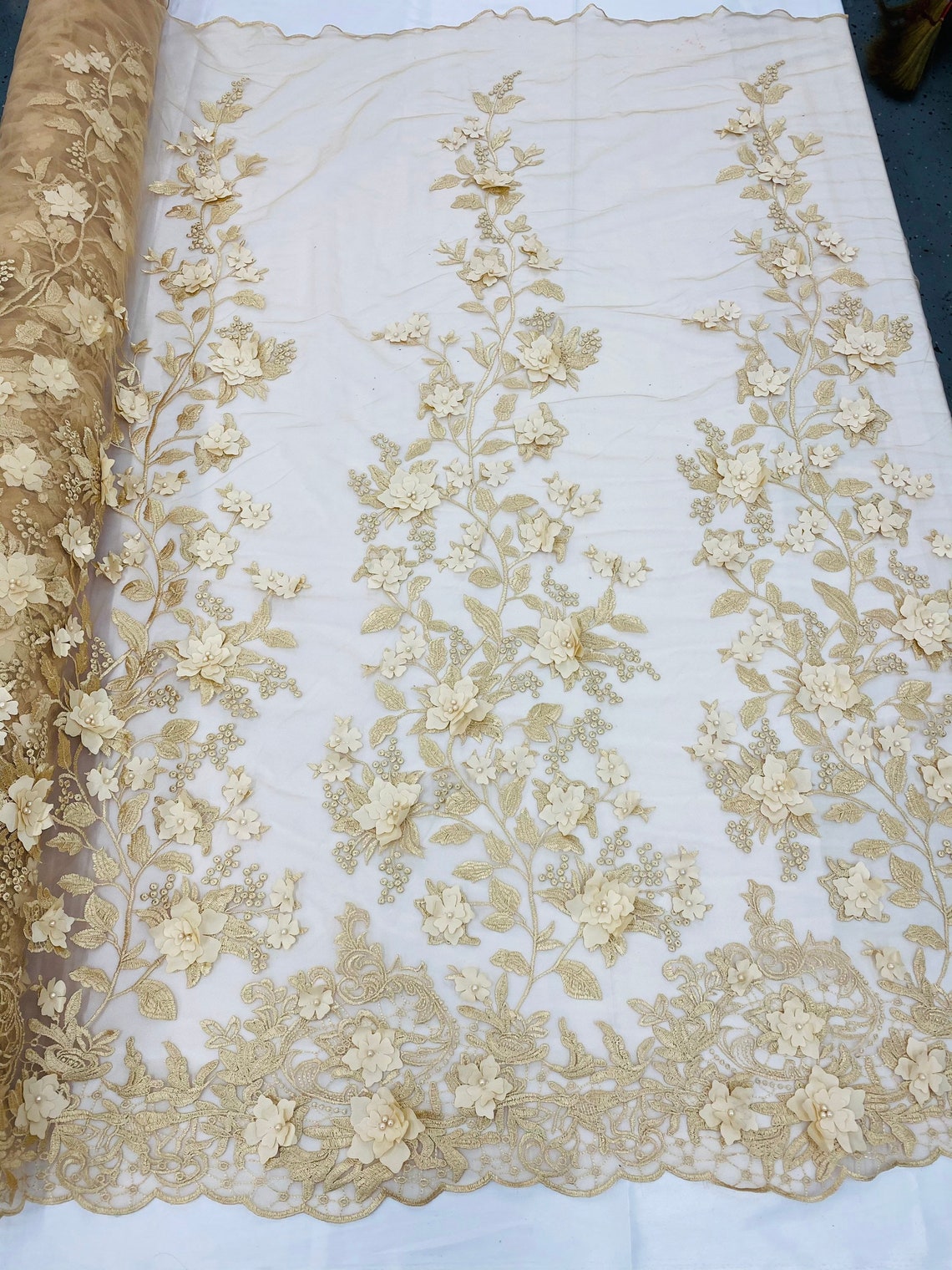 3D Floral Princess Fabric - Champagne - Embroidered Floral Lace Fabric with 3D Flowers By Yard