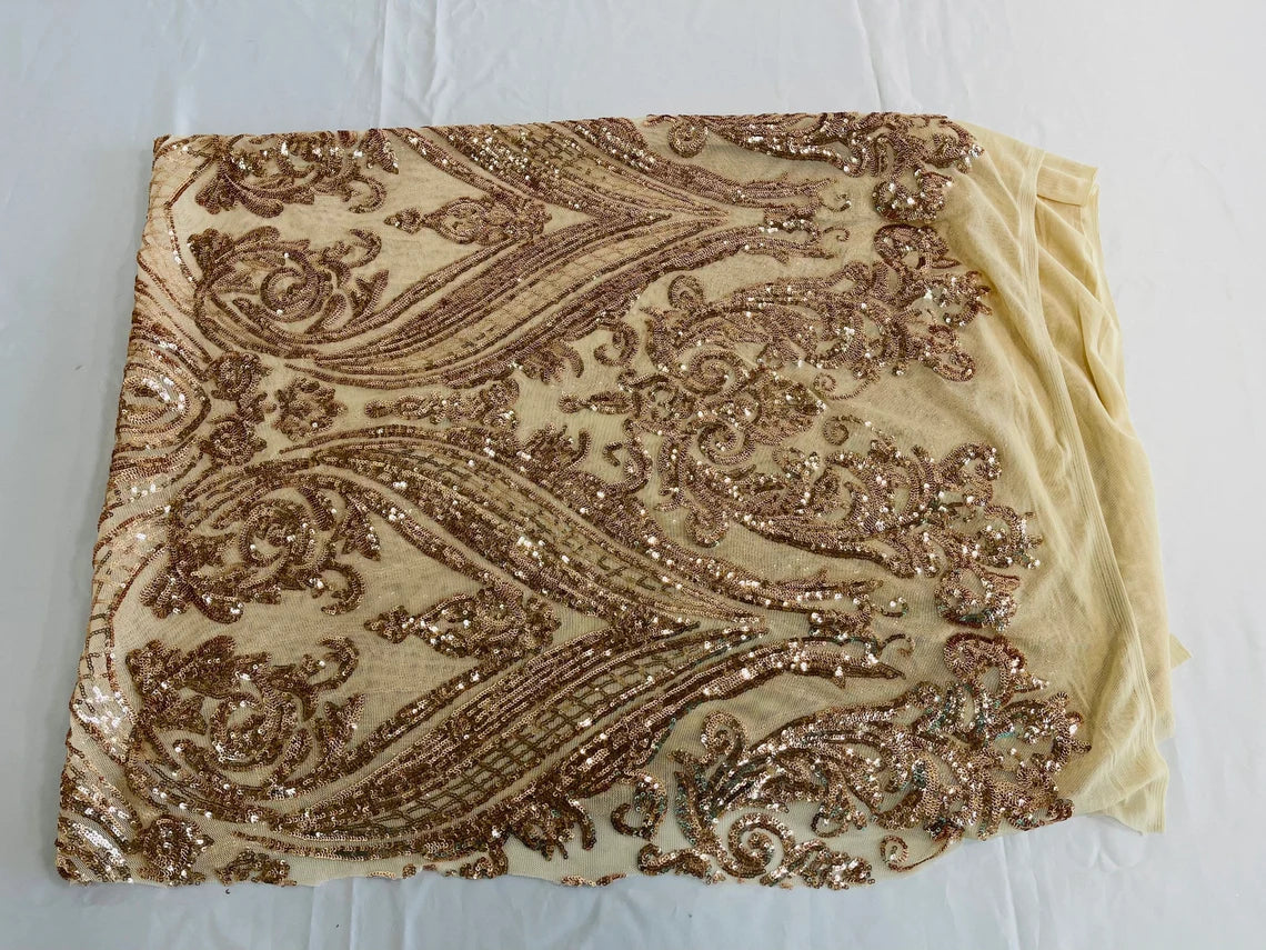 Big Damask 4 Way Sequins - Champagne - Embroidered Damask Design Sequins Fabric Sold By Yard