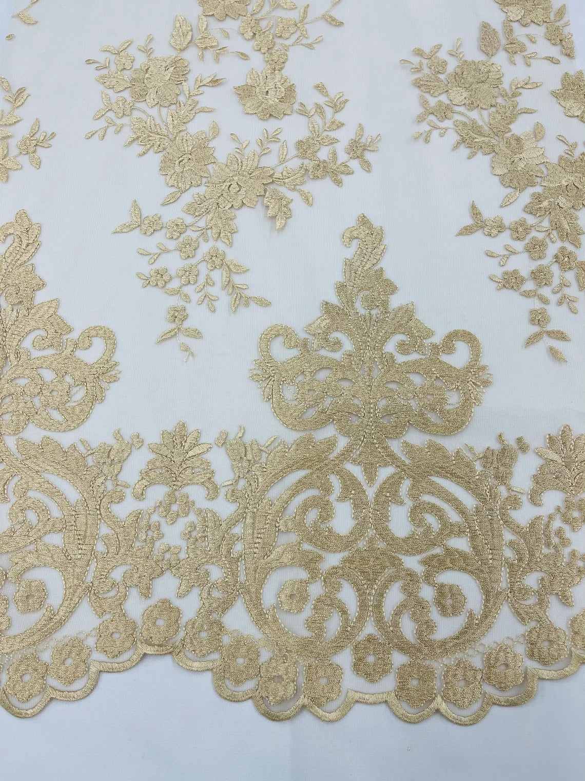 Damask Design Lace Fabric - Champagne  - Embroidered Damask Fancy Beautiful Design Lace Fabric By Yard