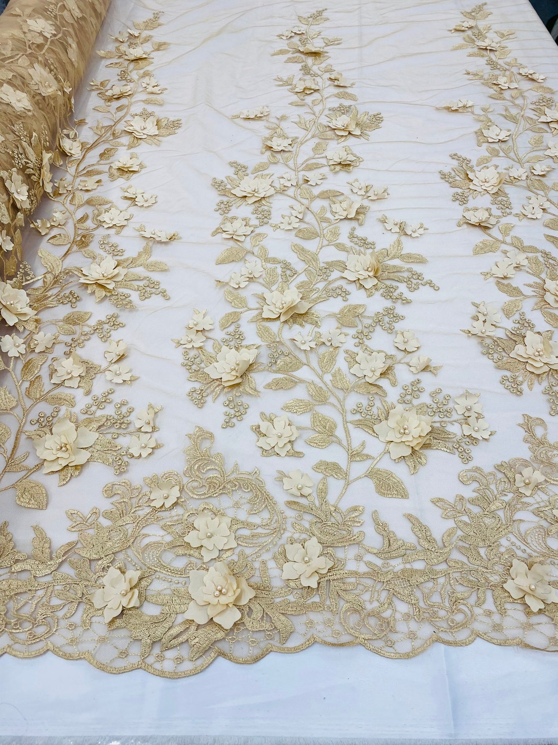 3D Floral Princess Fabric - Champagne - Embroidered Floral Lace Fabric with 3D Flowers By Yard