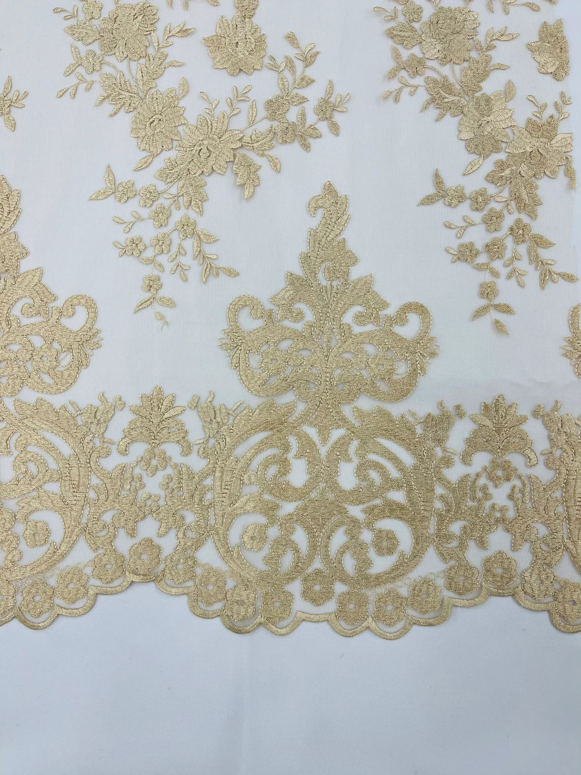 Damask Design Lace Fabric - Champagne  - Embroidered Damask Fancy Beautiful Design Lace Fabric By Yard
