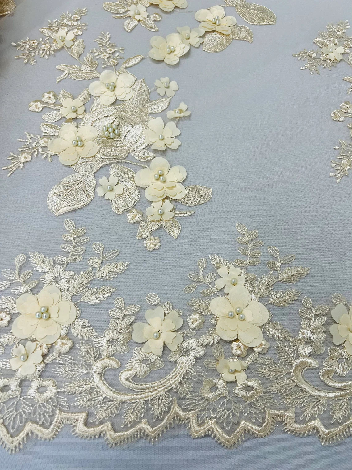 3D Flower Panels Fabric - Champagne - Flower Panels Bead Embroidered on Lace Fabric Sold By Yard