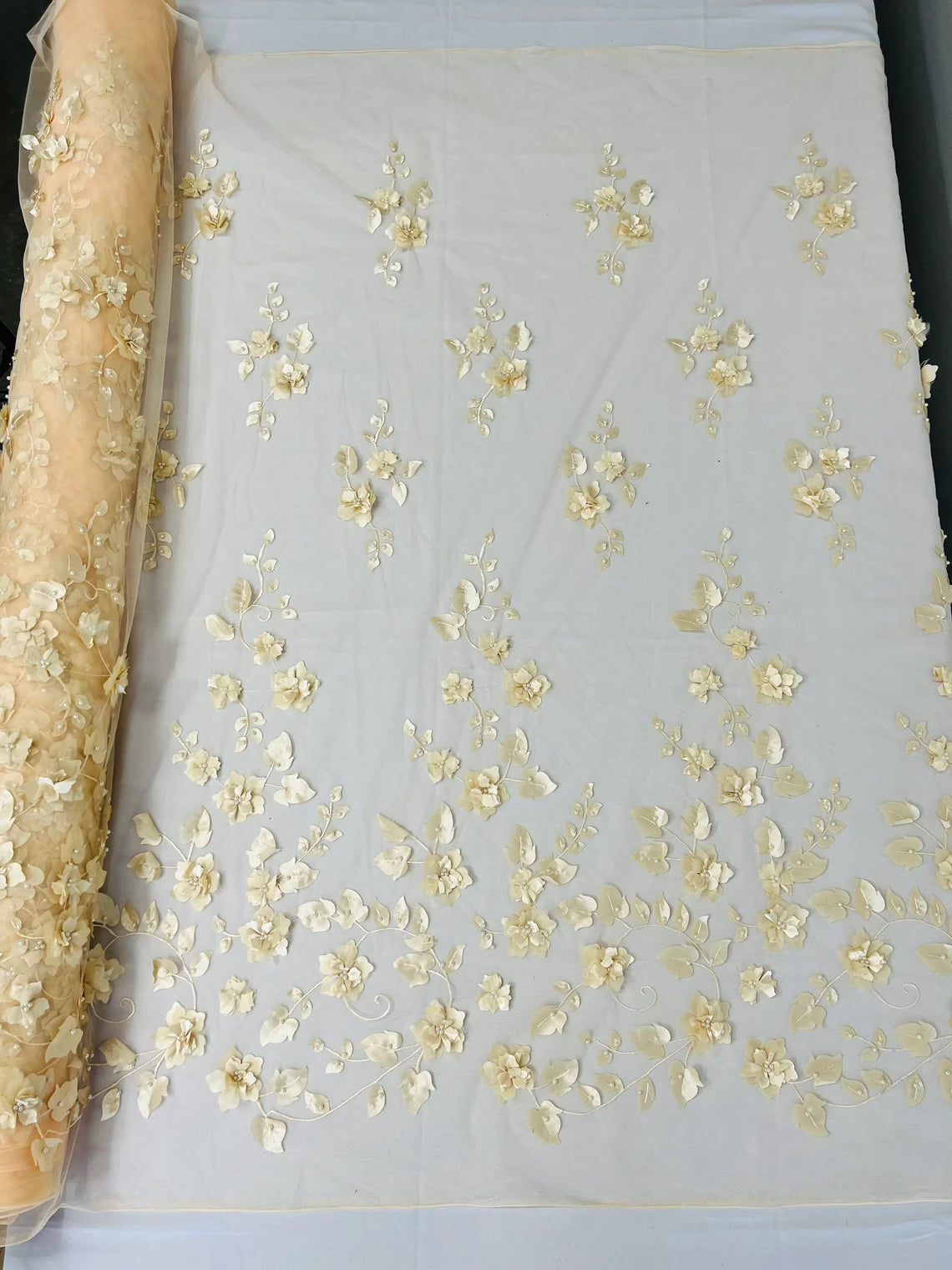 3D Flower Pearl Fabric - Champagne - Embroidered Flowers Pearl Center Single Border Sold By Yard