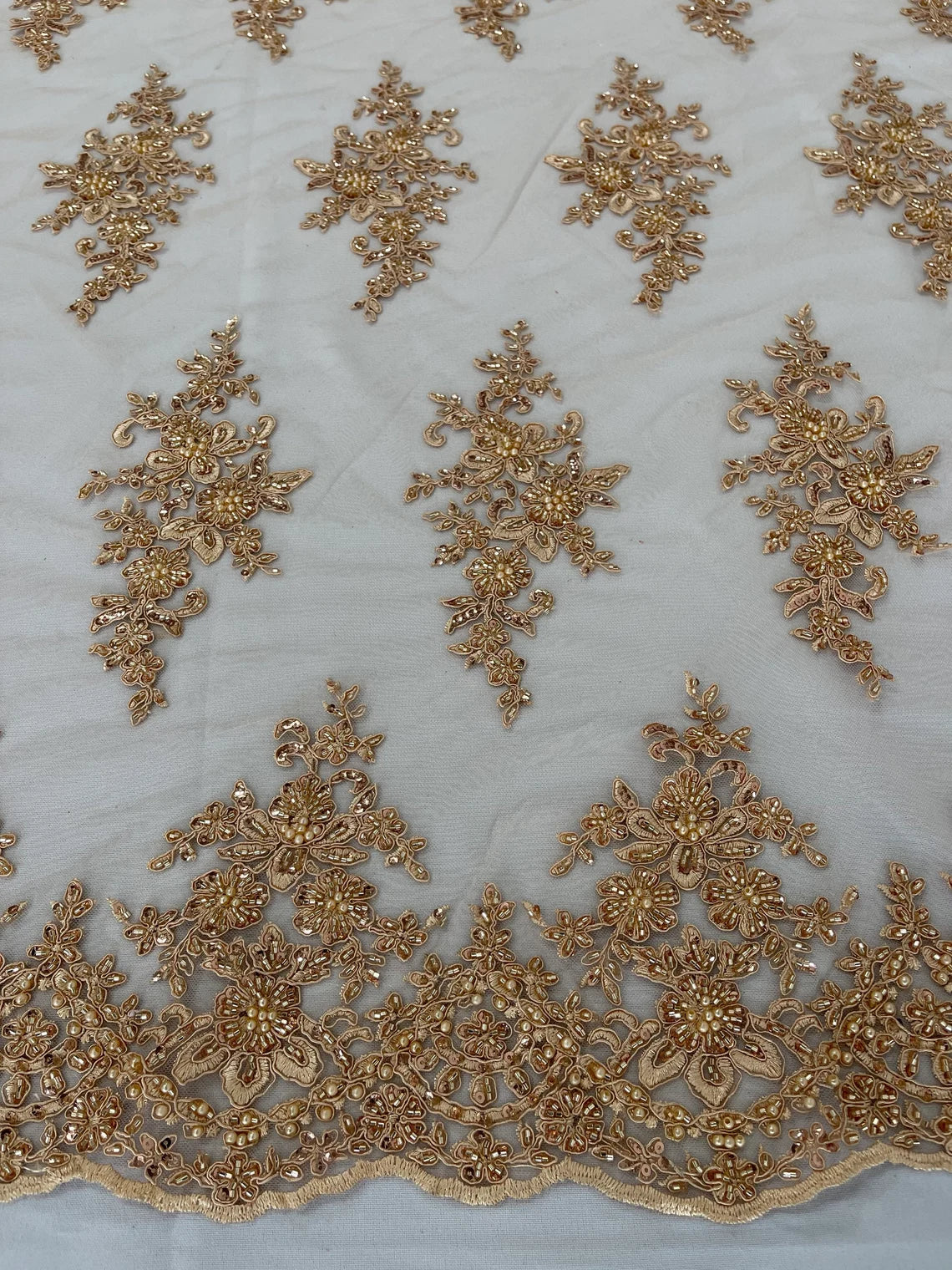 Beaded Clusters Design Fabric - Champagne - Embroidered Floral Cluster Design Fabric By Yard