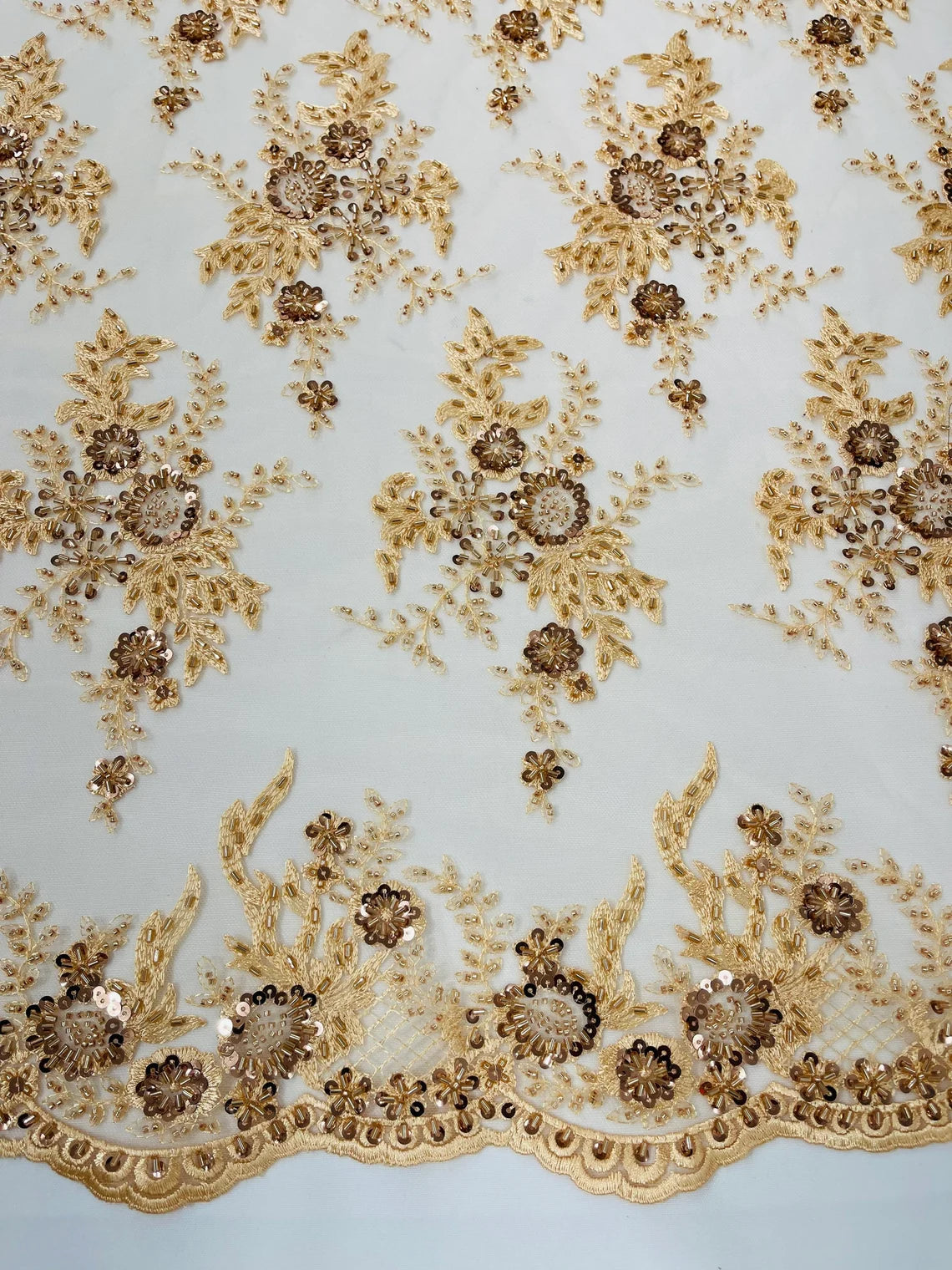 Floral Leaf Bead Sequins Fabric - Champagne - Embroidered Flower and Leaves Design Fabric By Yard