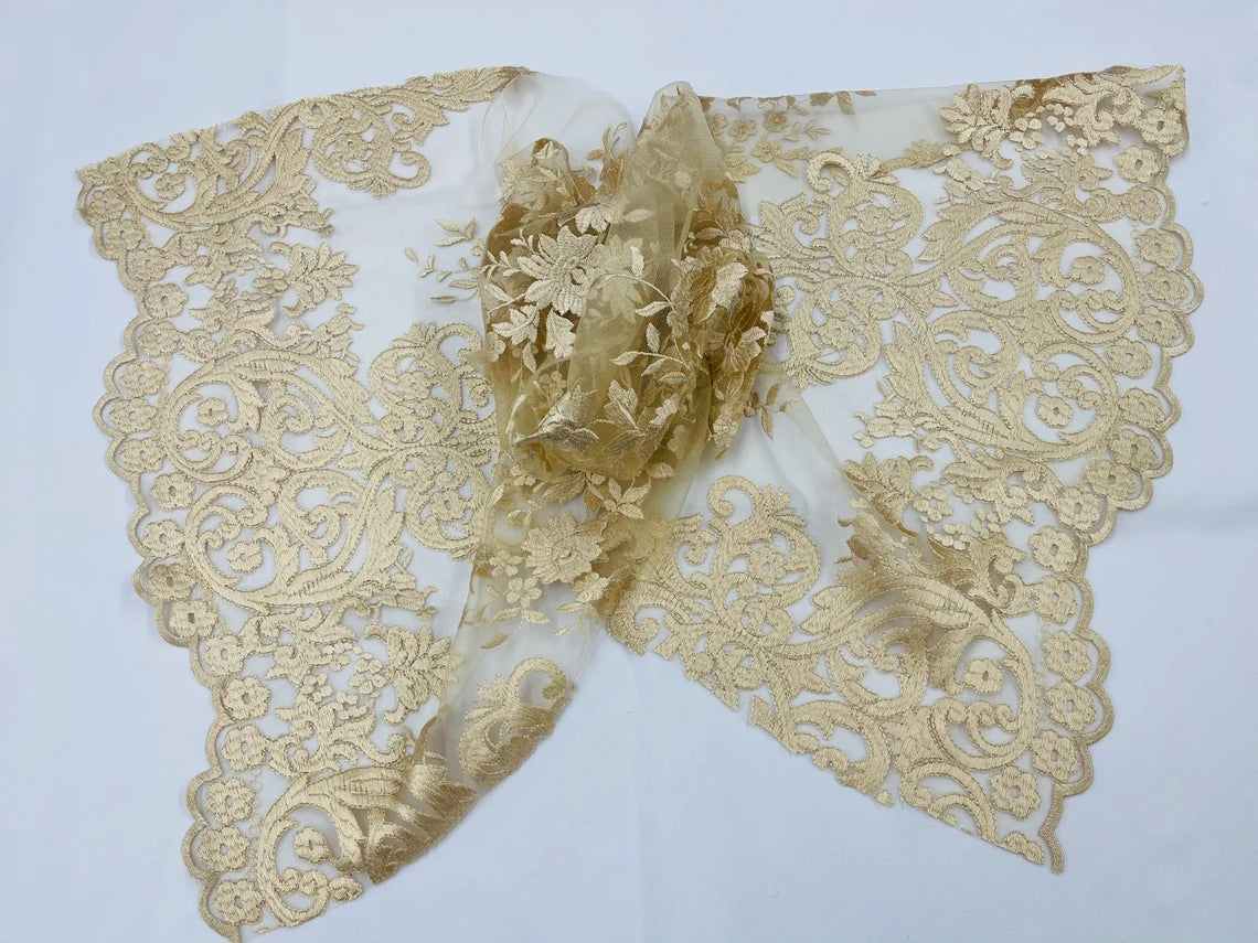 Damask Design Lace Fabric - Champagne  - Embroidered Damask Fancy Beautiful Design Lace Fabric By Yard