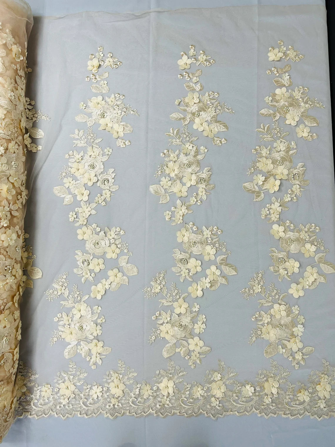 3D Flower Panels Fabric - Champagne - Flower Panels Bead Embroidered on Lace Fabric Sold By Yard