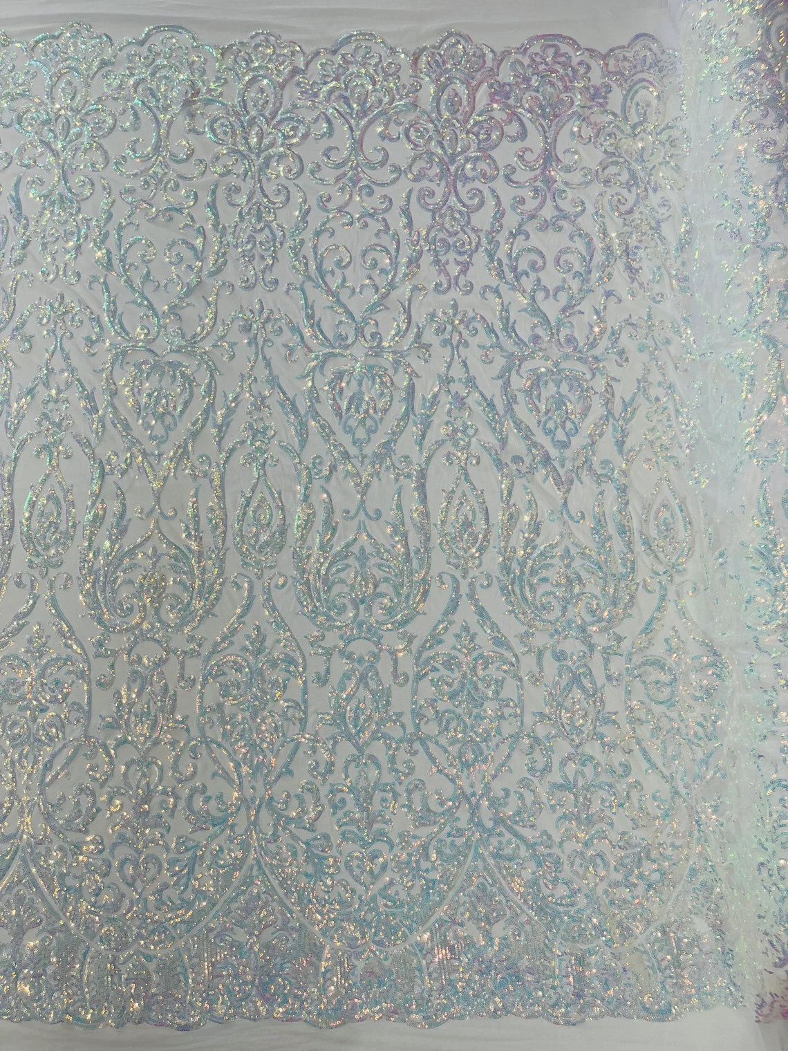 King Damask Design Sequins - Clear Iridescent - 4 Way Stretch Lace Mesh Embroidered Sequins By Yard