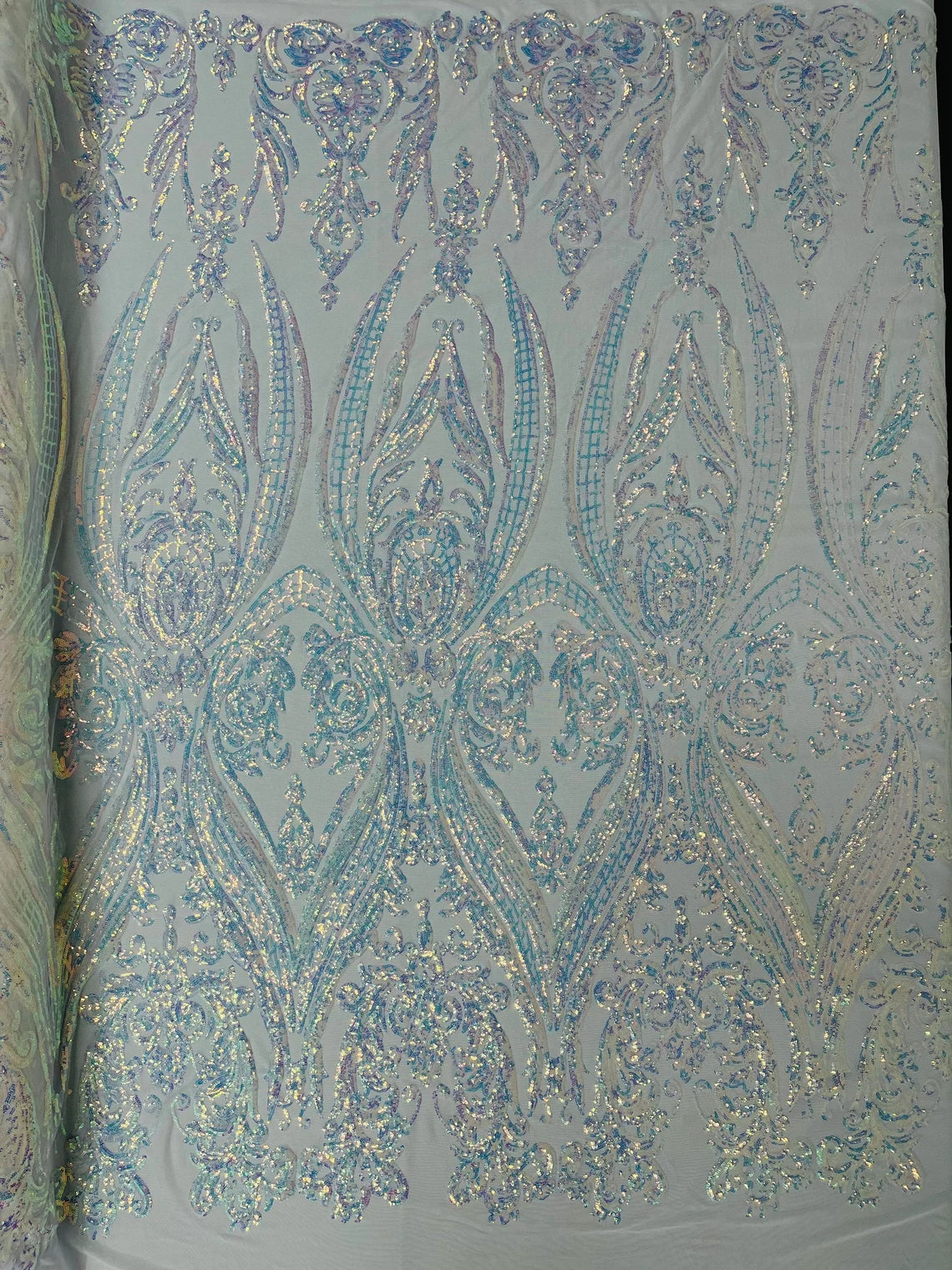 Big Damask 4 Way Sequins - Clear Iridescent - Embroidered Damask Design Sequins Fabric Sold By Yard