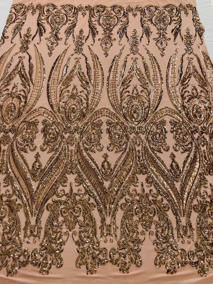 Big Damask 4 Way Sequins - Coffee - Embroidered Damask Design Sequins Fabric Sold By Yard