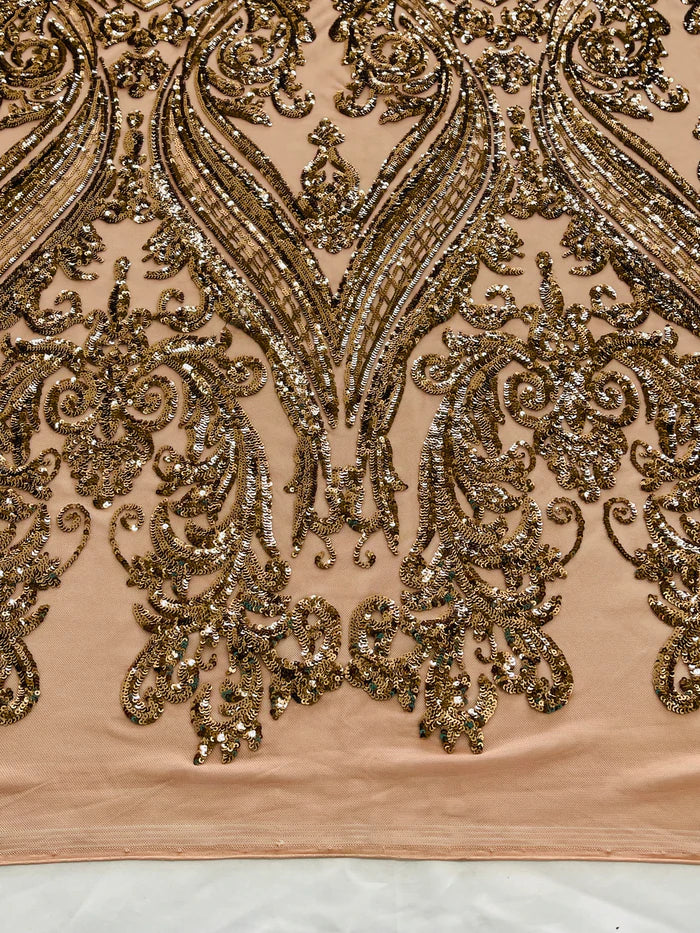 Big Damask 4 Way Sequins - Coffee - Embroidered Damask Design Sequins Fabric Sold By Yard