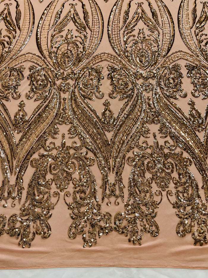 Big Damask 4 Way Sequins - Coffee - Embroidered Damask Design Sequins Fabric Sold By Yard