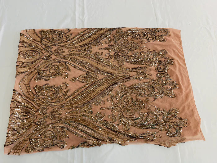 Big Damask 4 Way Sequins - Coffee - Embroidered Damask Design Sequins Fabric Sold By Yard