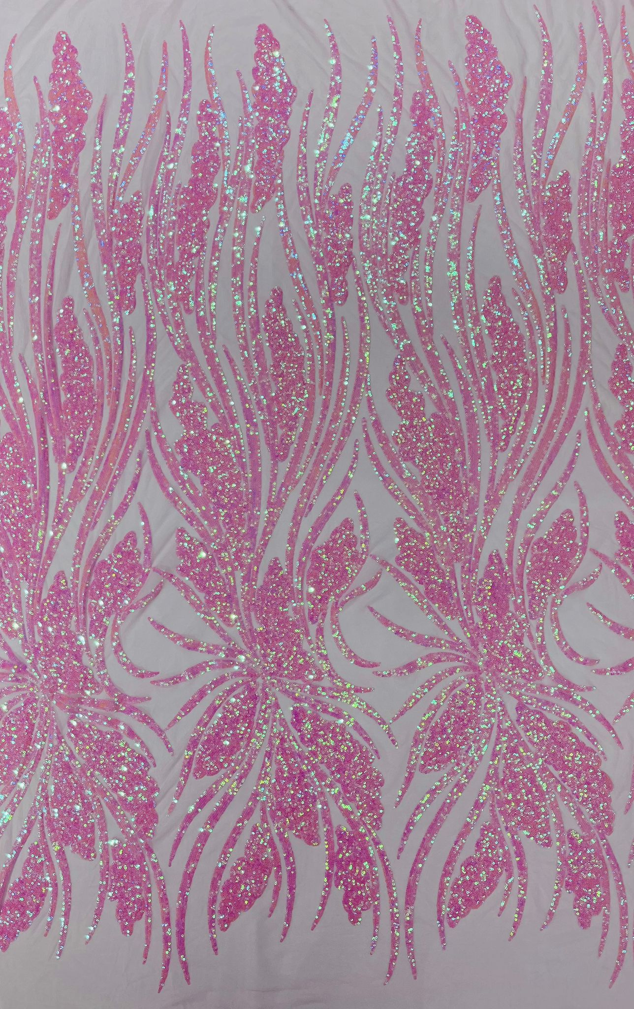 Feather damask shiny sequin design on a 4 way stretch White mesh Fabric-prom-sold by the yard.