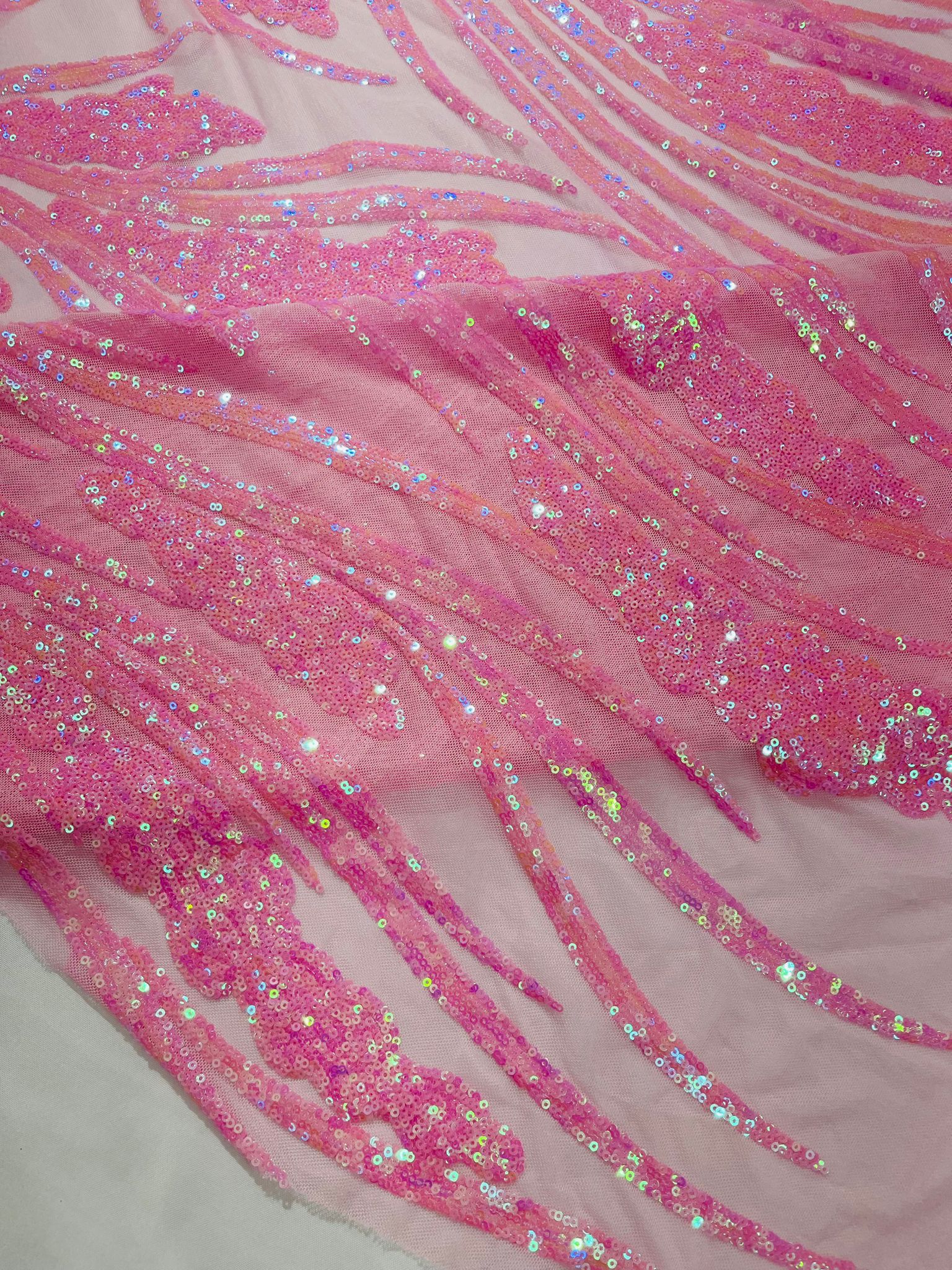 Feather damask shiny sequin design on a 4 way stretch White mesh Fabric-prom-sold by the yard.