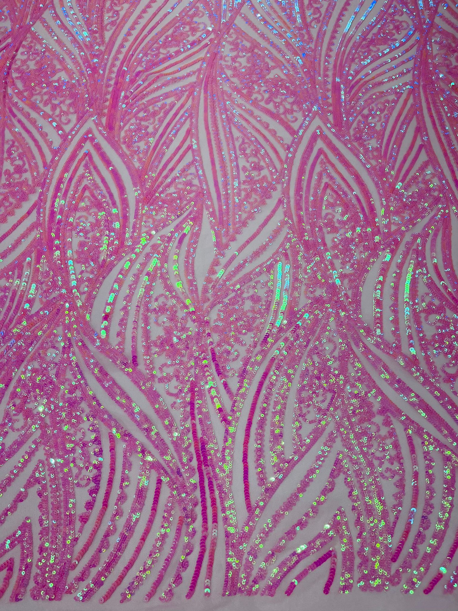 Geometric Feather wing shiny sequin design on a 4 way stretch mesh Fabric-prom-sold by the yard.