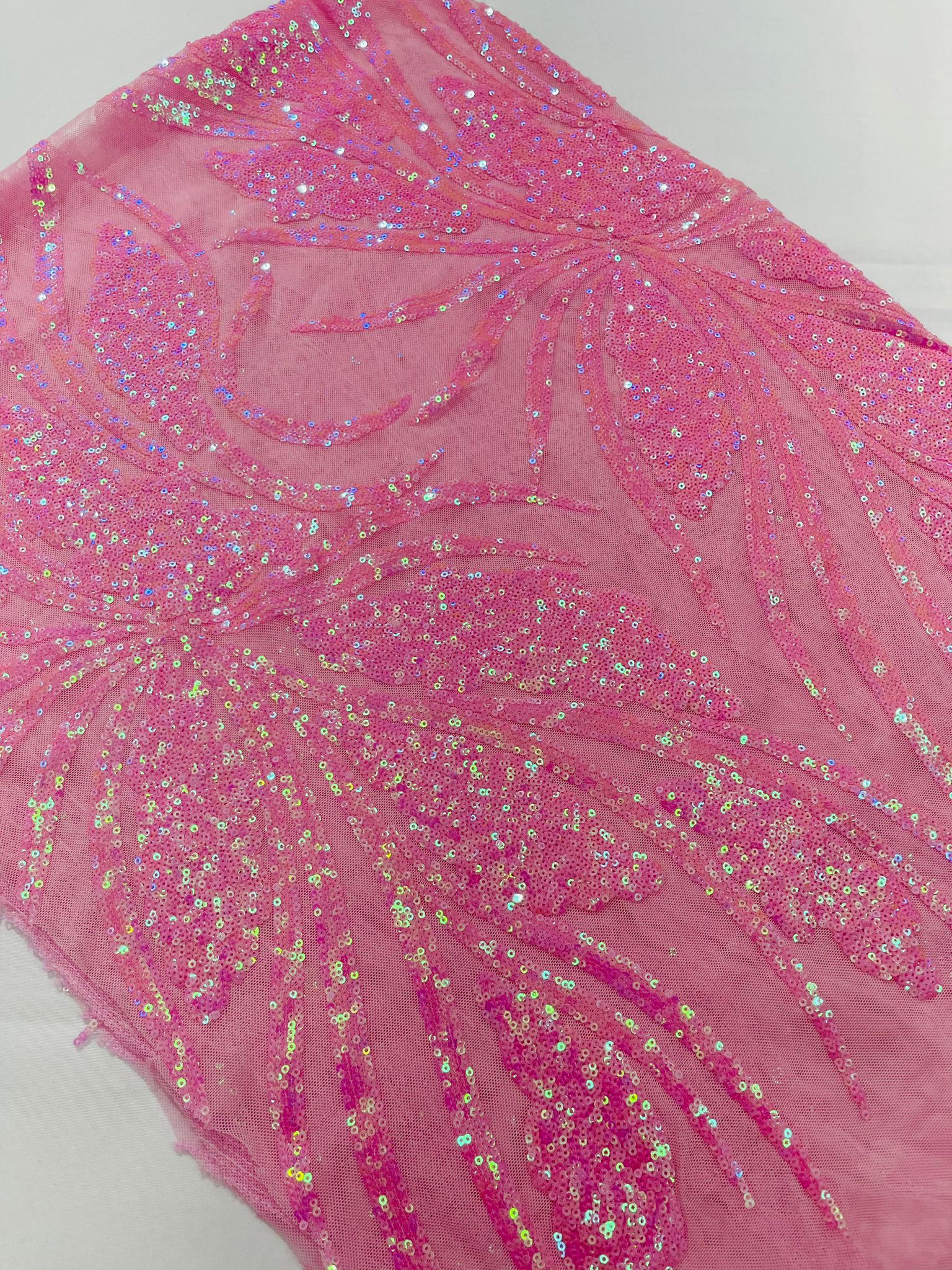 Feather damask shiny sequin design on a 4 way stretch White mesh Fabric-prom-sold by the yard.