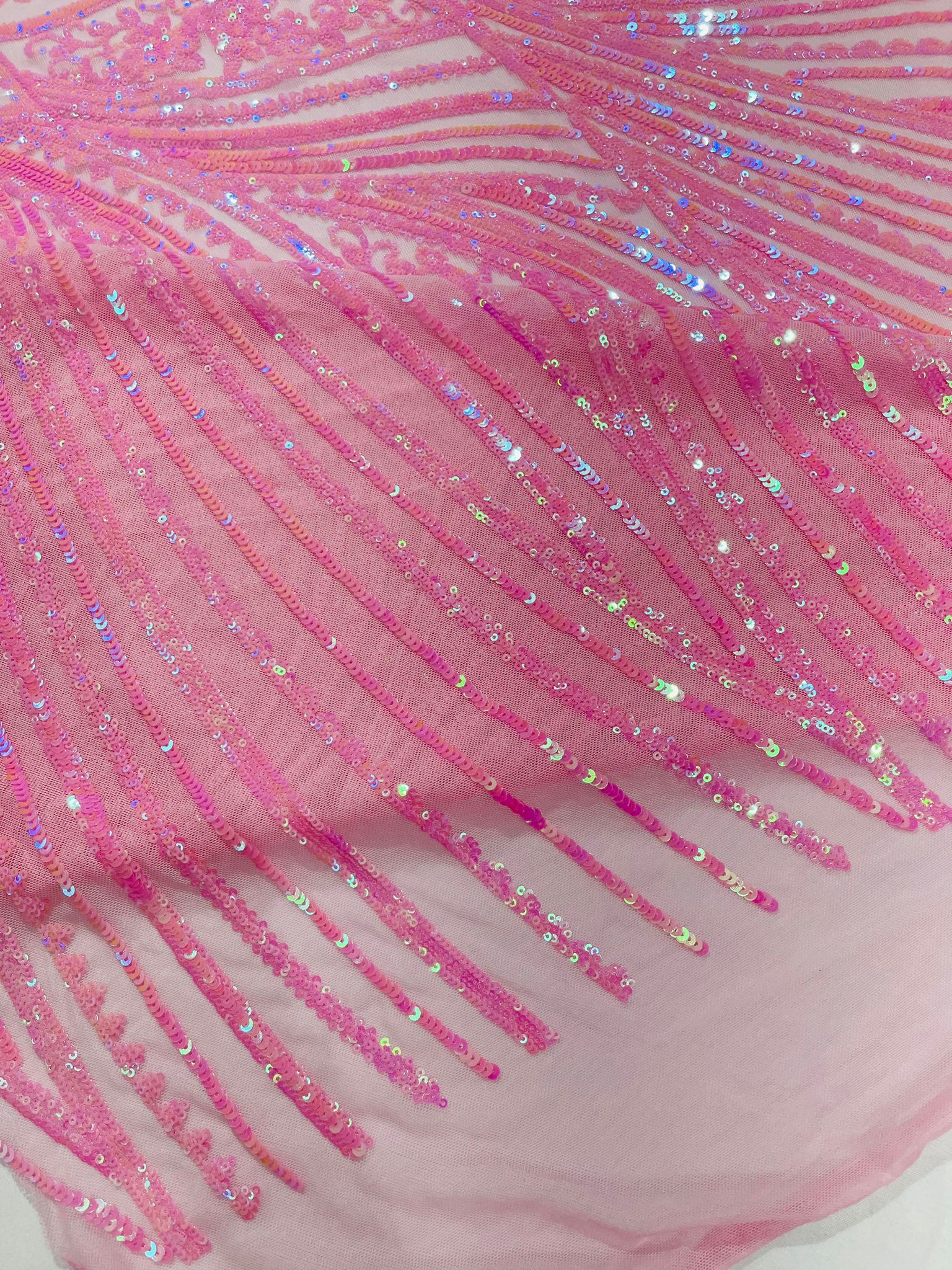 Geometric Feather wing shiny sequin design on a 4 way stretch mesh Fabric-prom-sold by the yard.