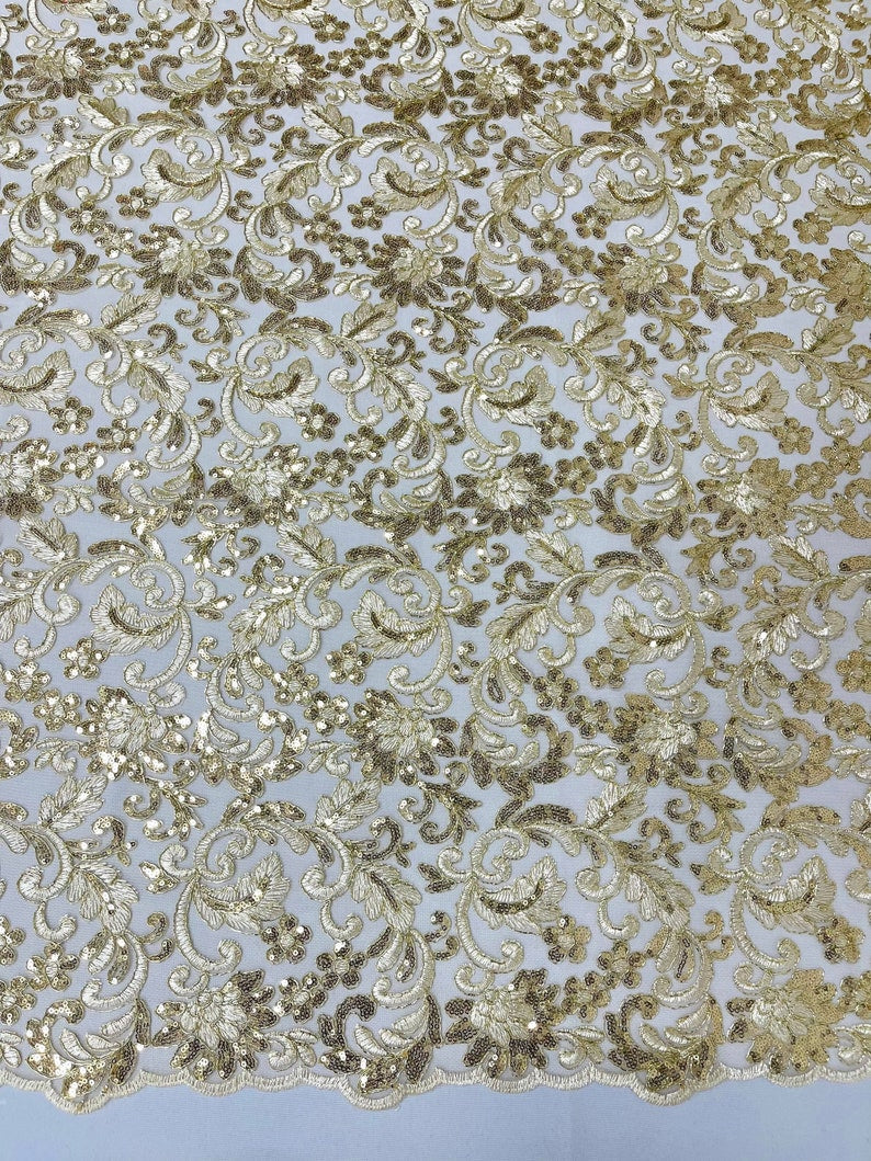 Flower Lace Sequins Corded Fabric - Champagne - Embroidery Floral Design Lace Fabric By Yard