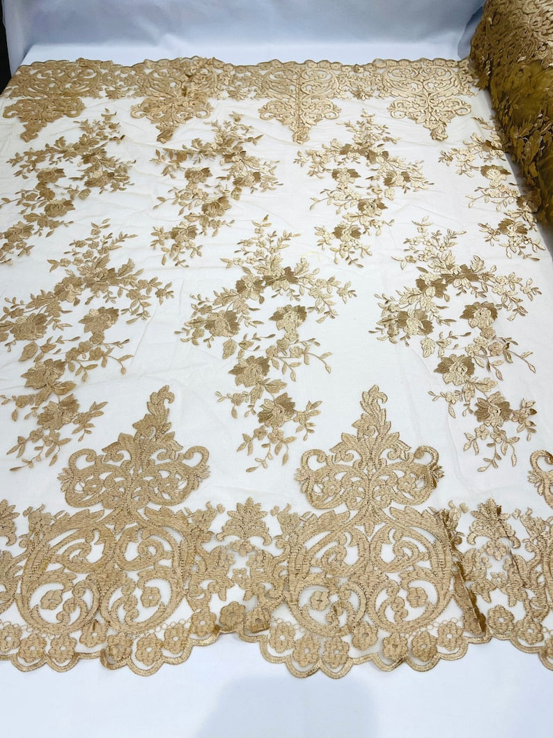 Elegant flower damask flat lace embroidery on a mesh-sold by the yard.