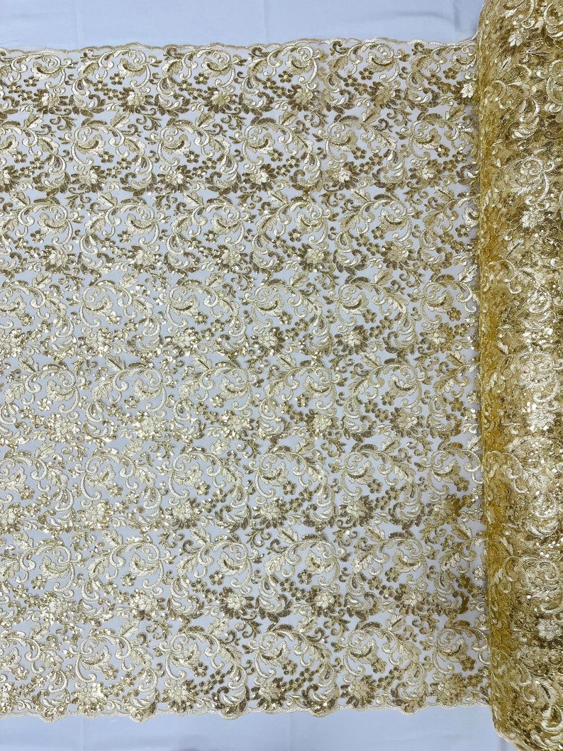 Flower Lace Sequins Corded Fabric - Champagne - Embroidery Floral Design Lace Fabric By Yard