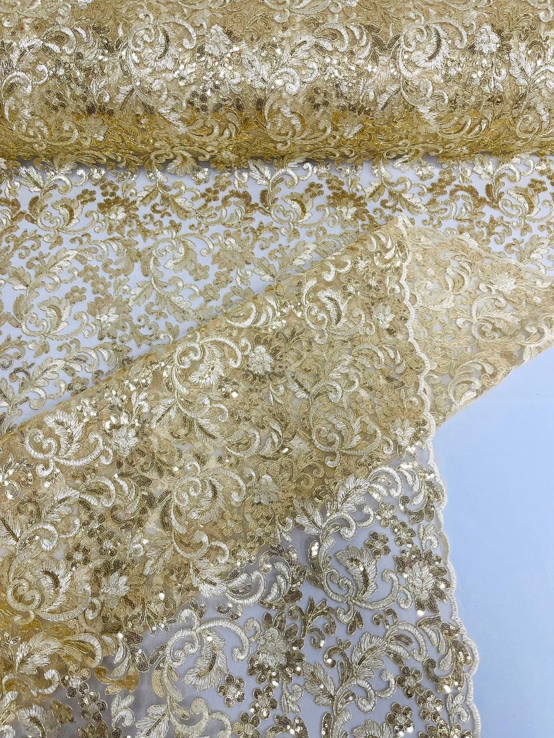 Flower Lace Sequins Corded Fabric - Champagne - Embroidery Floral Design Lace Fabric By Yard