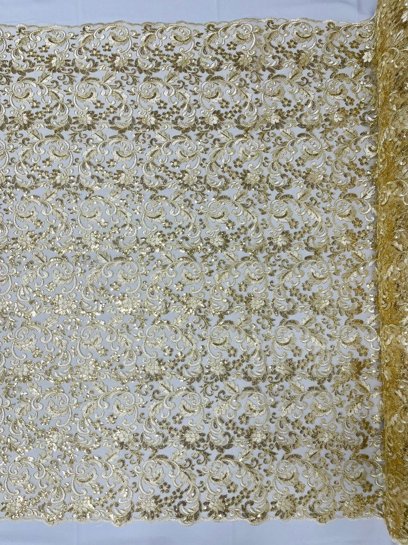 Flower Lace Sequins Corded Fabric - Champagne - Embroidery Floral Design Lace Fabric By Yard