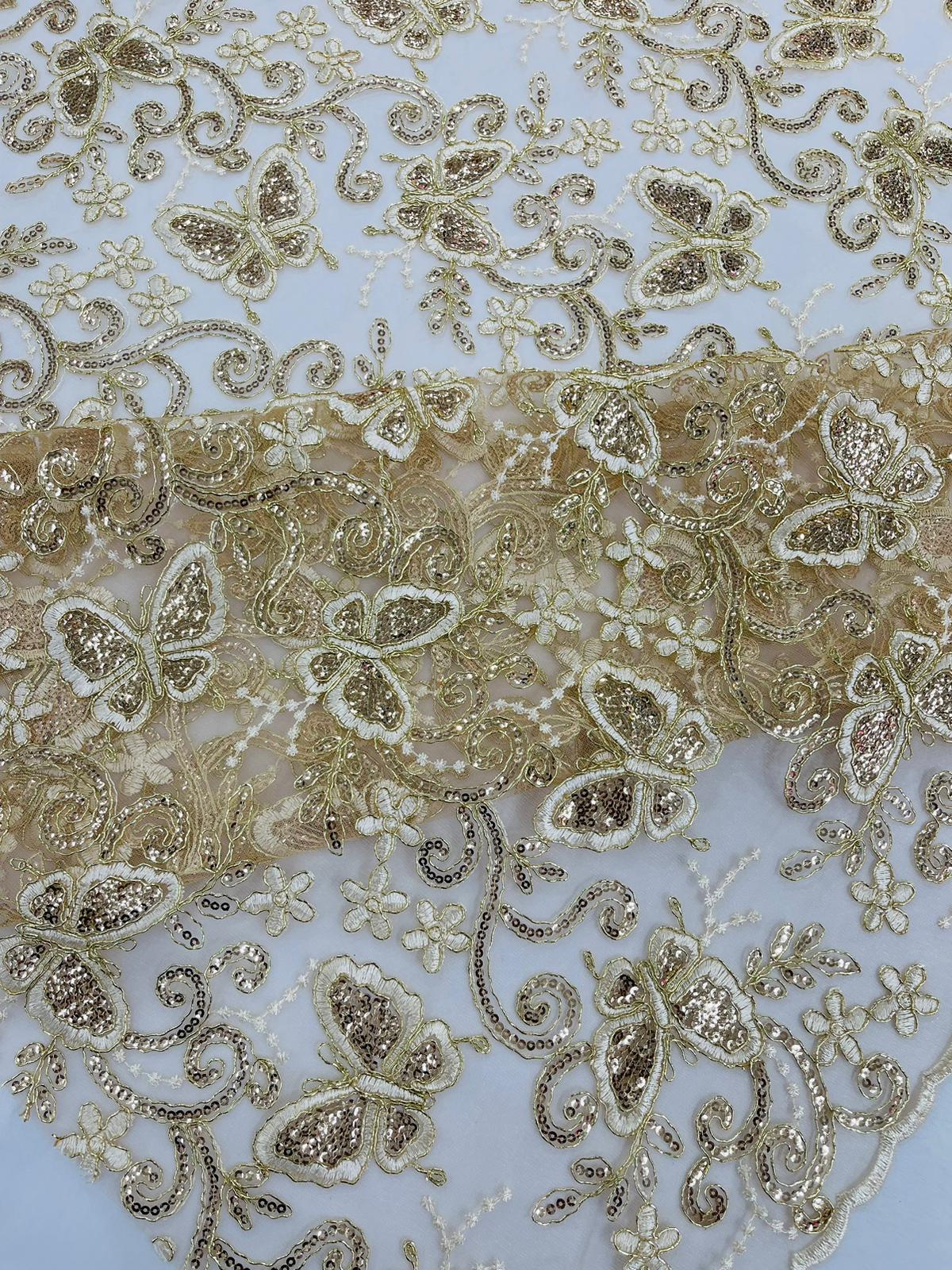 Corded Lace/ Butterfly Design Embroidered With Sequin on a Mesh Lace Fabric.