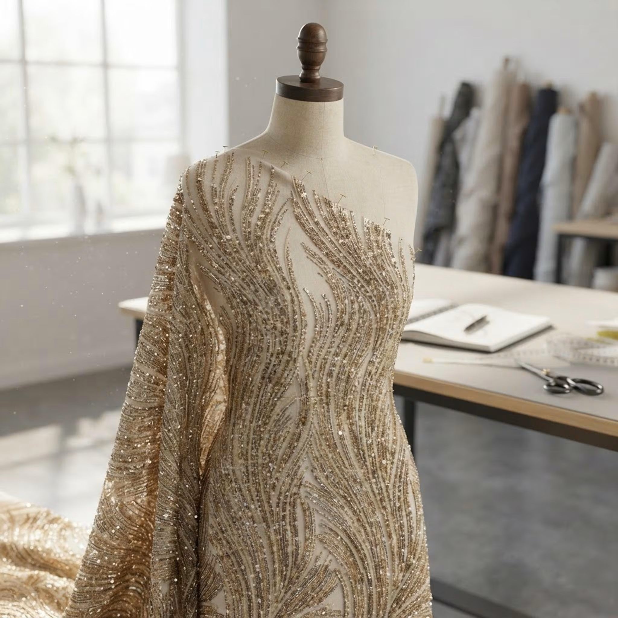 Luxury Flame Beaded Lace Fabric| Prom| Wedding| By The Yard.
