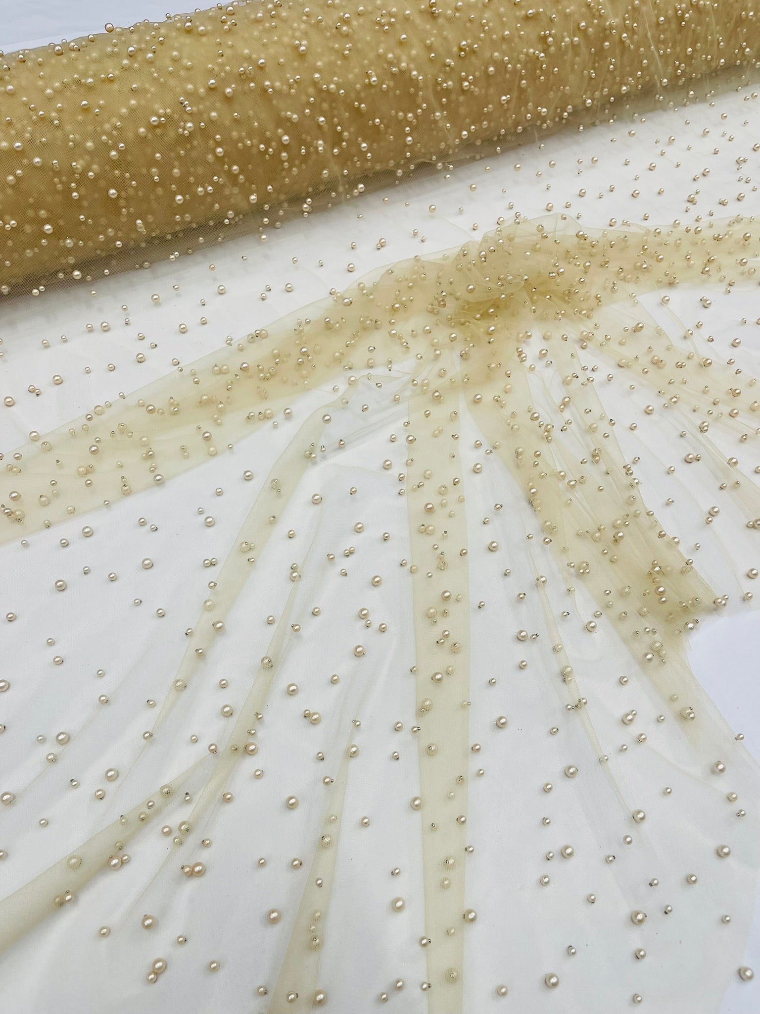 Scattered Pearls Studded Mesh, 2-Way Stretch, Sold by the yard.