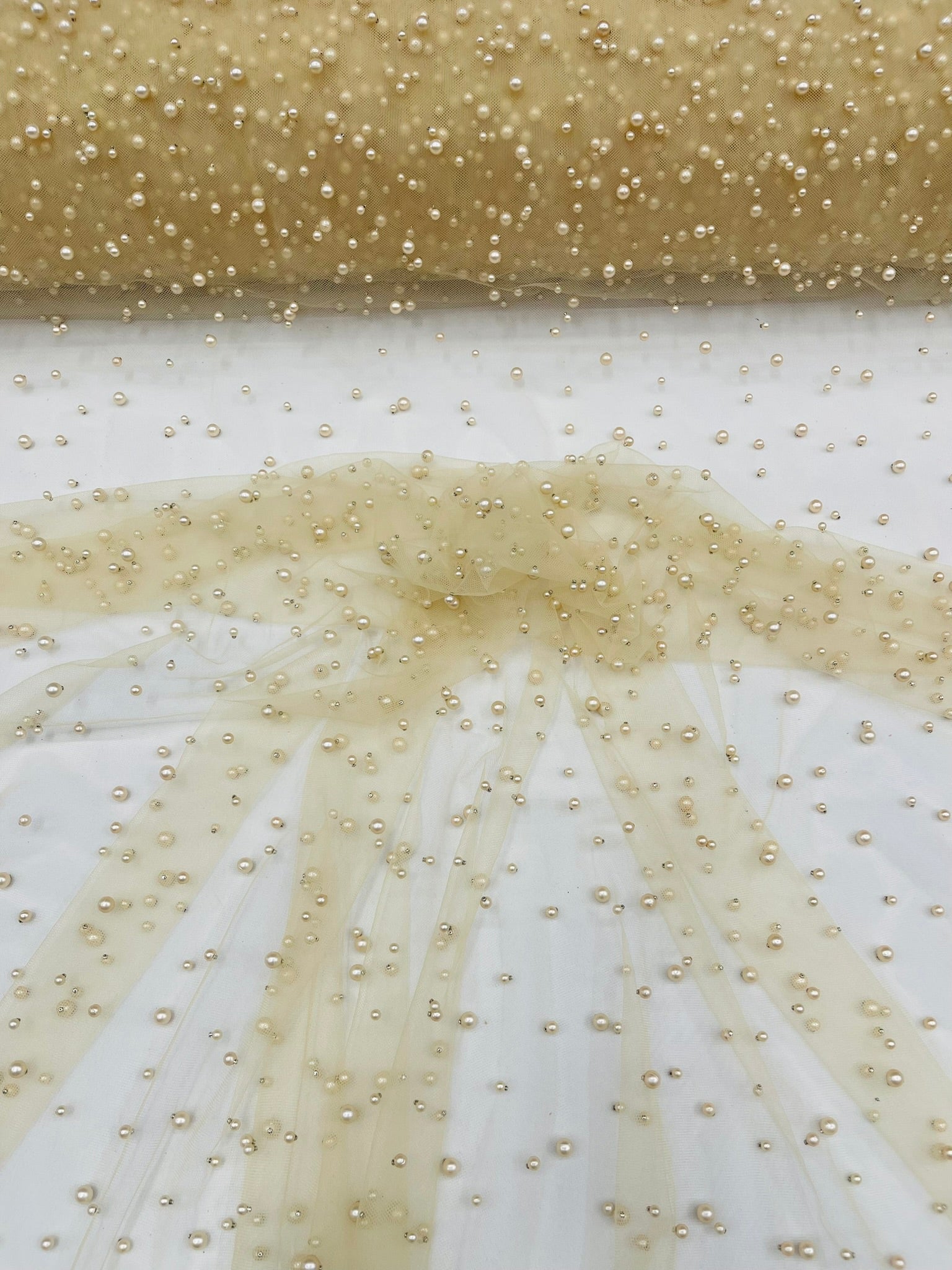 Scattered Pearls Studded Mesh, 2-Way Stretch, Sold by the yard.