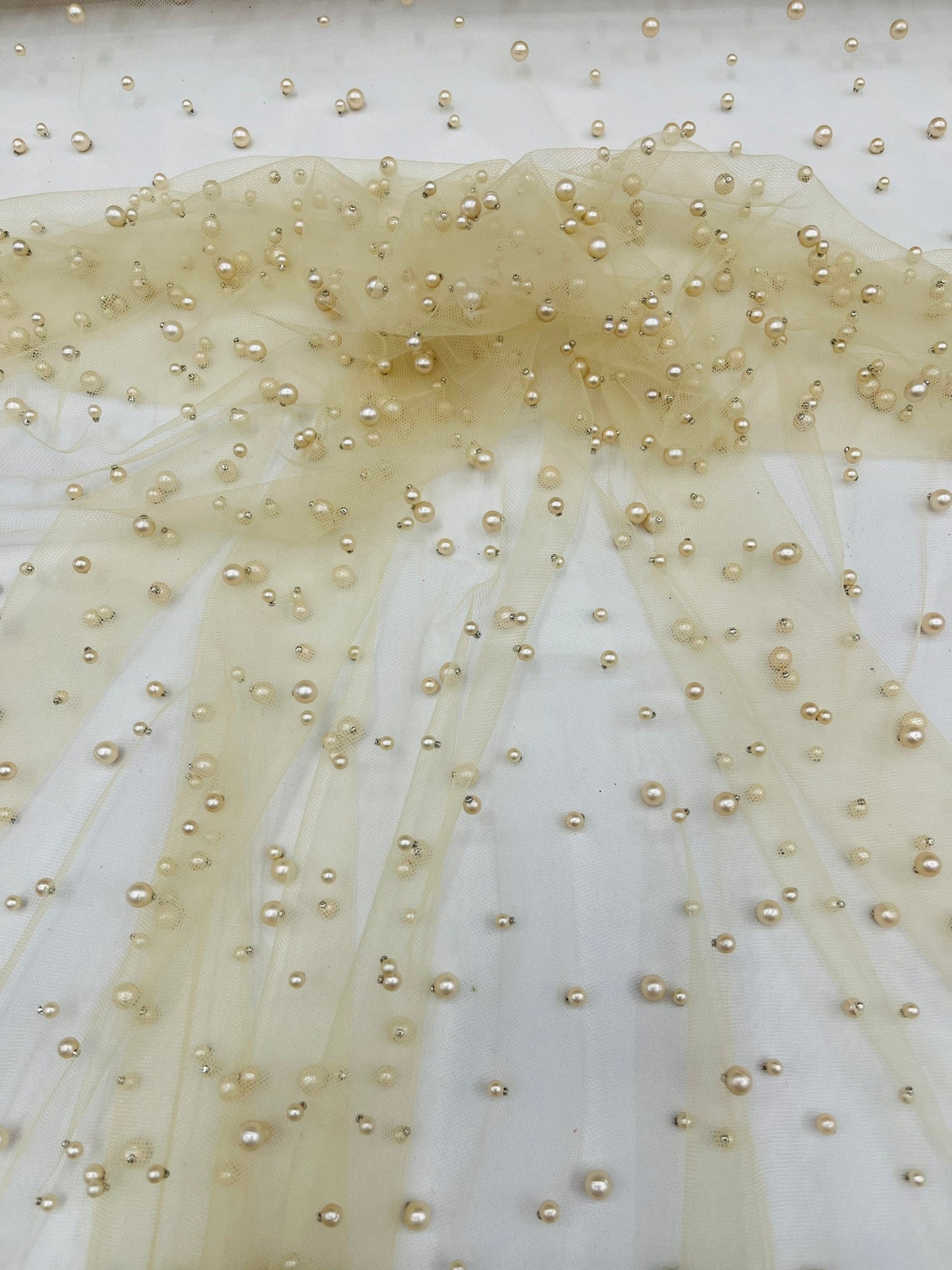 Scattered Pearls Studded Mesh, 2-Way Stretch, Sold by the yard.