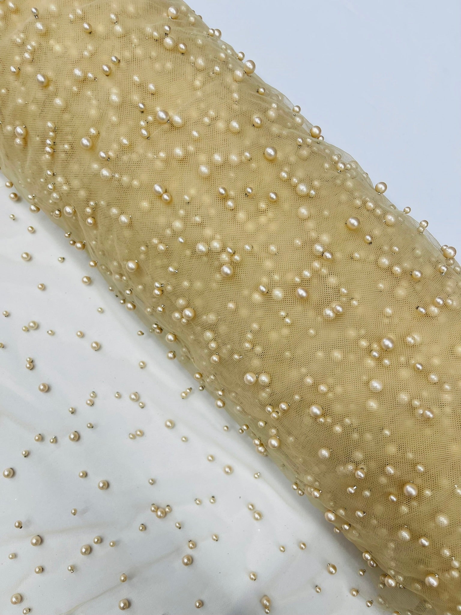 Scattered Pearls Studded Mesh, 2-Way Stretch, Sold by the yard.