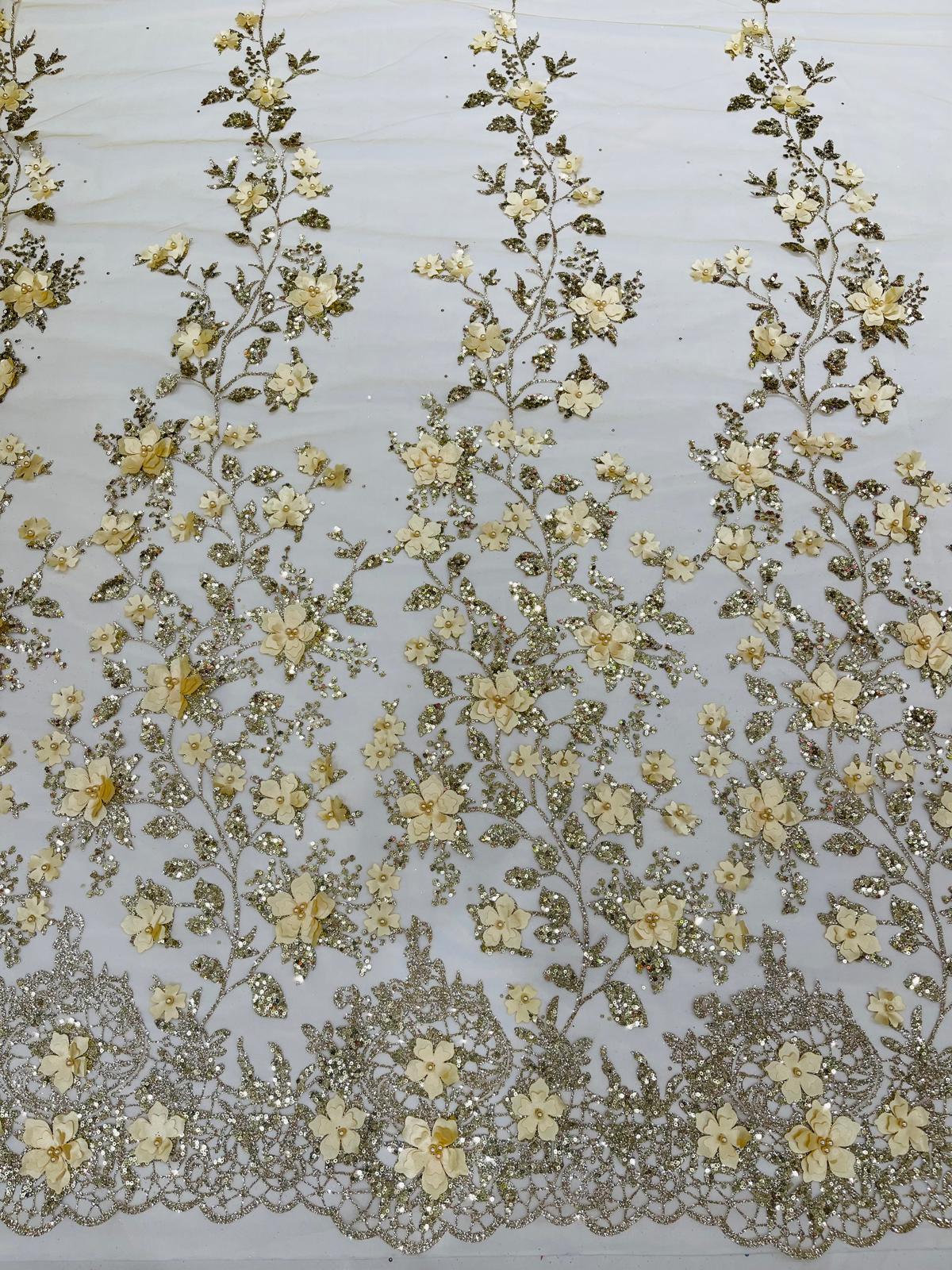 Princess Glitter 3d floral design embroidery with pearls in a mesh lace-sold by the yard.