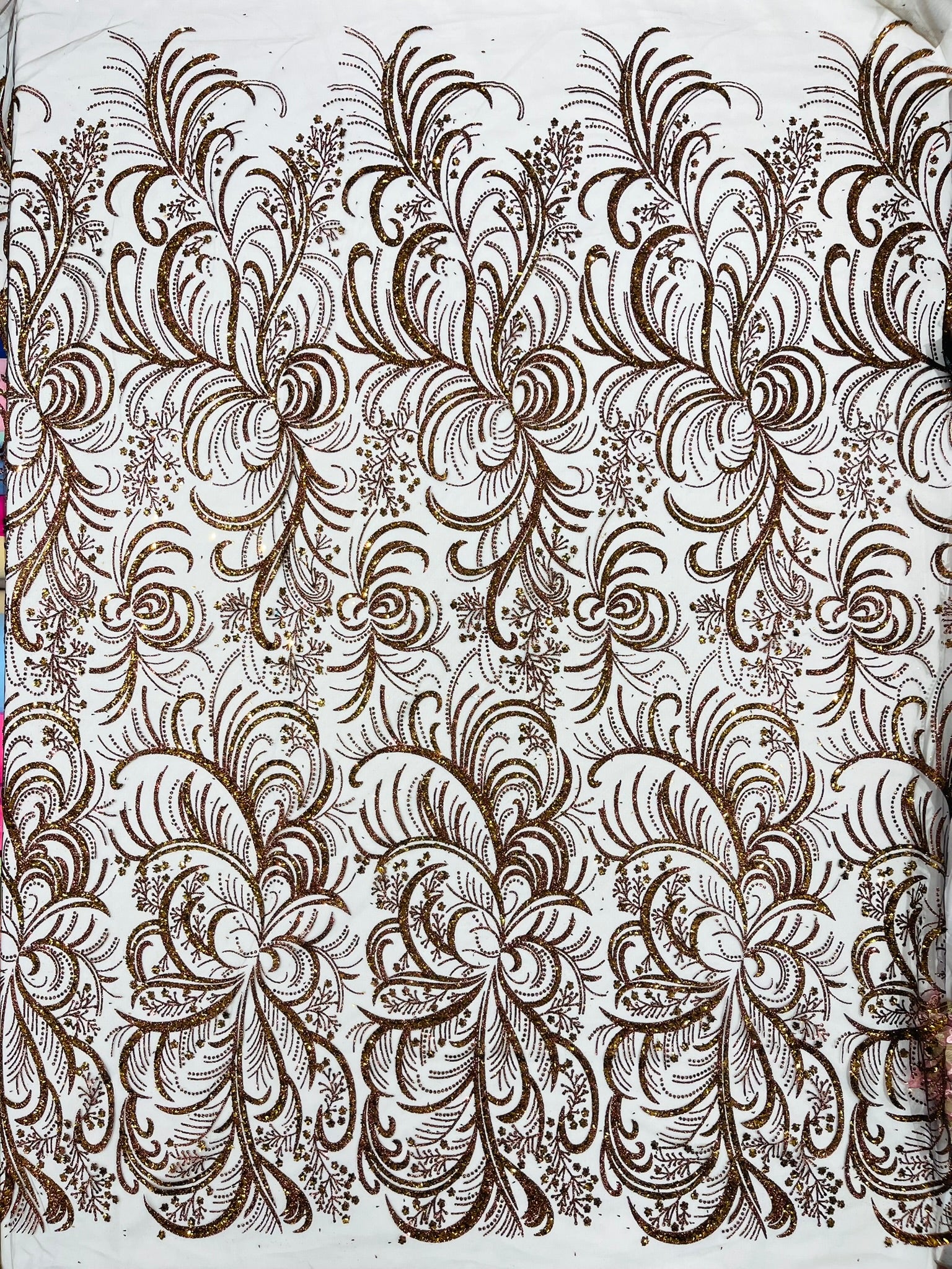 Palm Glitter Vine Design On A Mesh Lace Fabric 58"' Wide Prom.