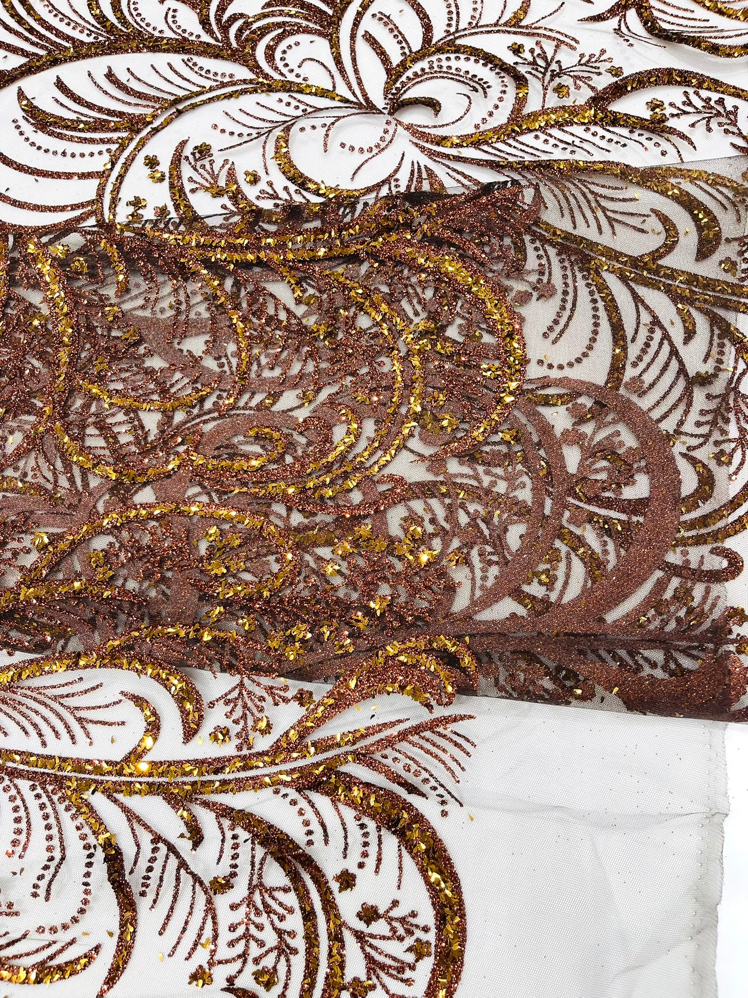 Palm Glitter Vine Design On A Mesh Lace Fabric 58"' Wide Prom.