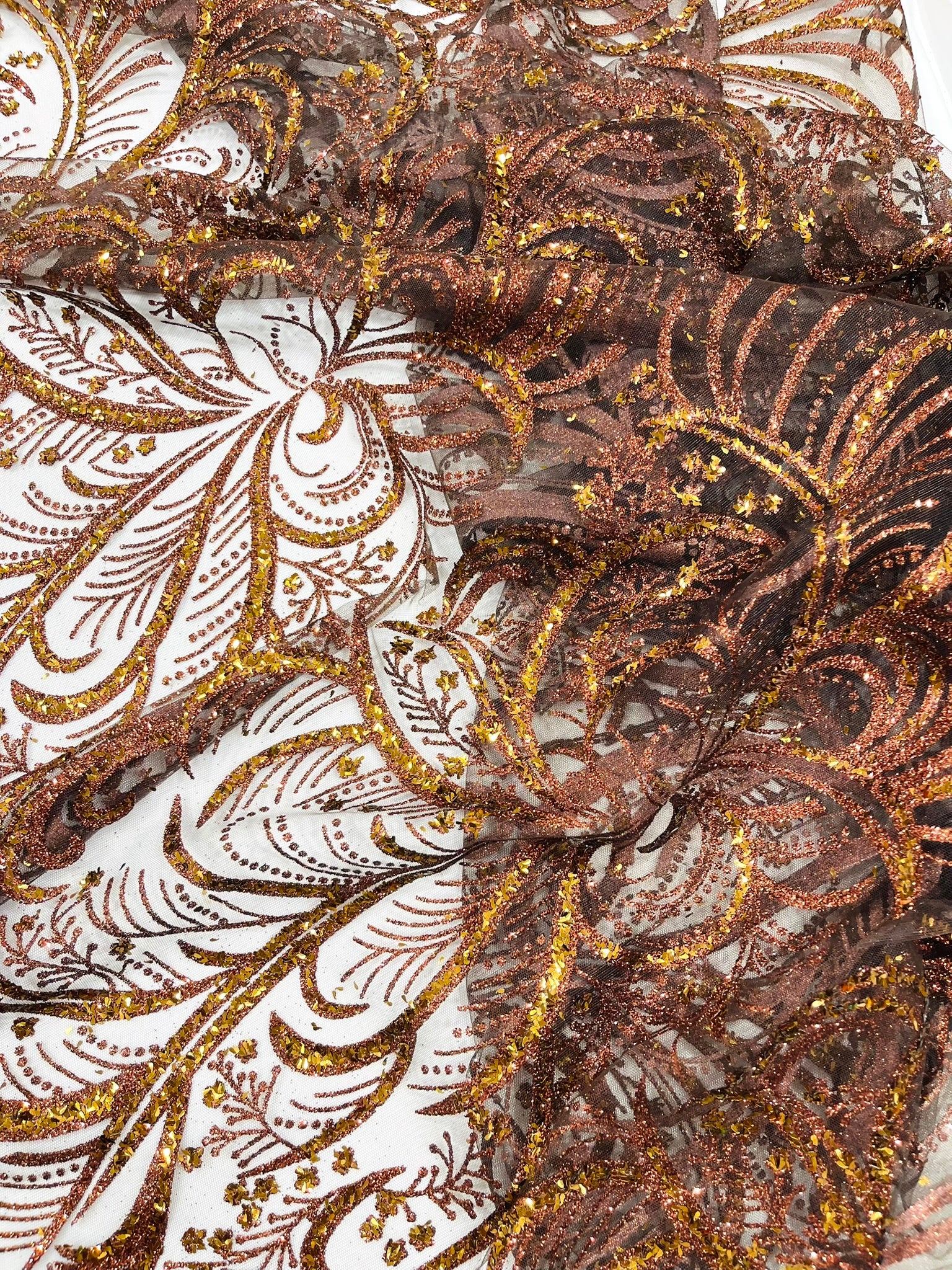 Palm Glitter Vine Design On A Mesh Lace Fabric 58"' Wide Prom.