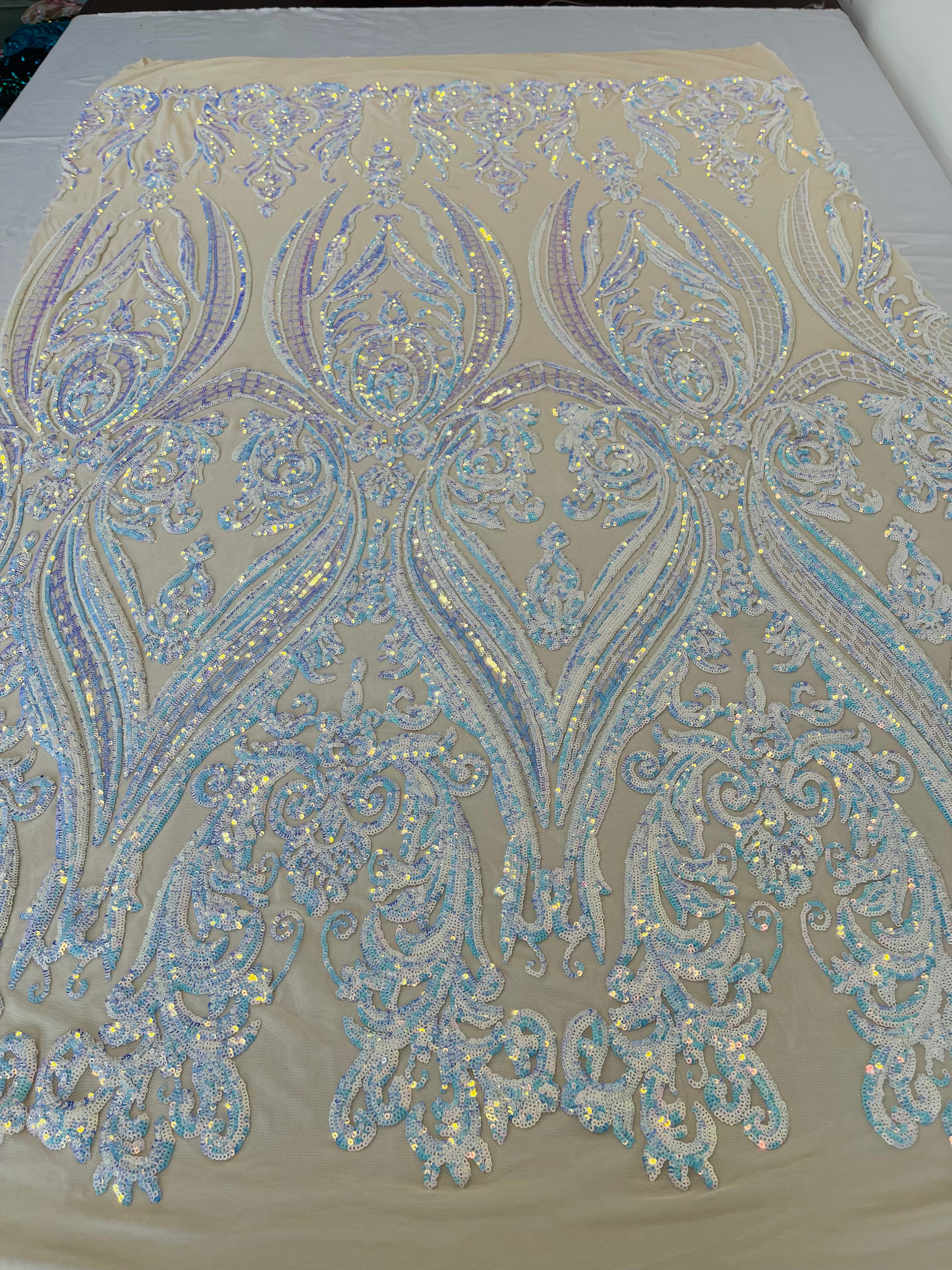 Big Damask 4 Way Sequins - Aqua Iridescent on White - Embroidered Damask Design Sequins Fabric Sold By Yard