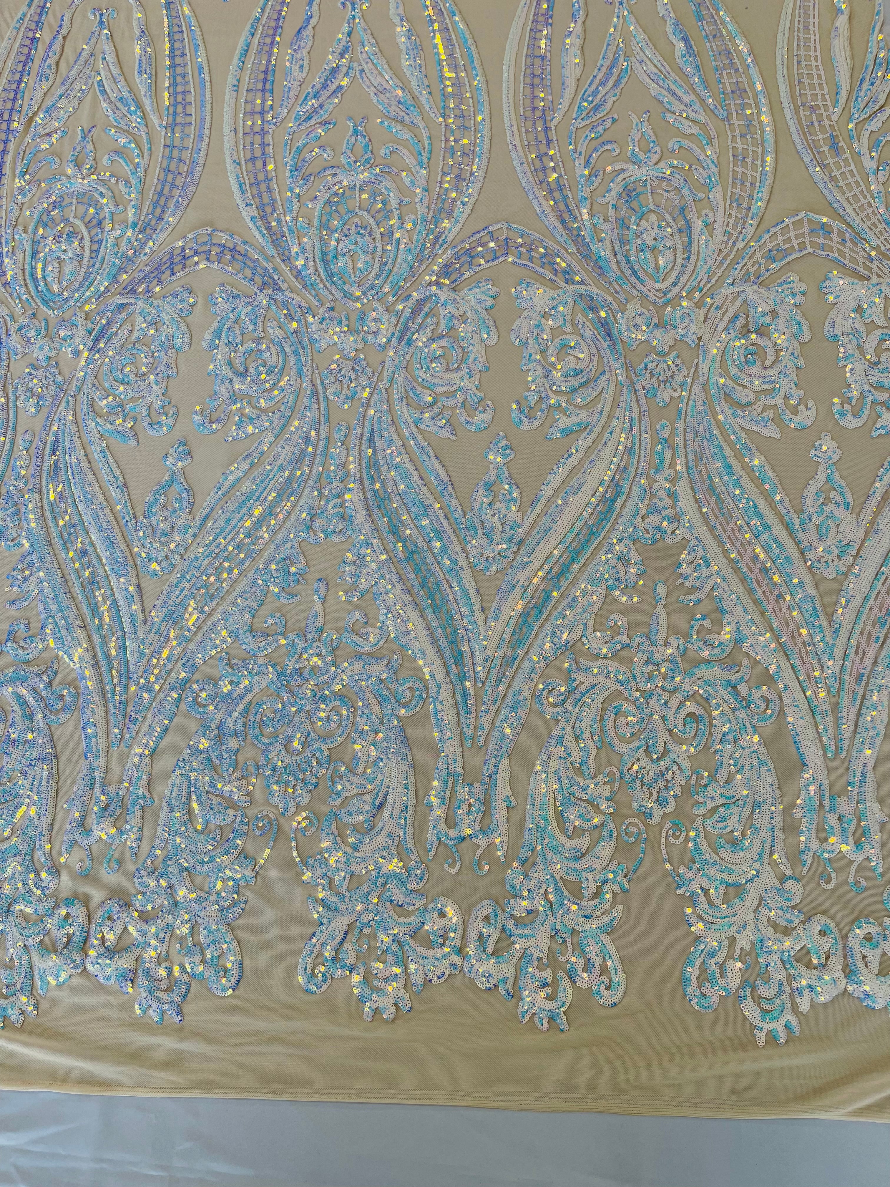 Big Damask 4 Way Sequins - Aqua Iridescent on White - Embroidered Damask Design Sequins Fabric Sold By Yard