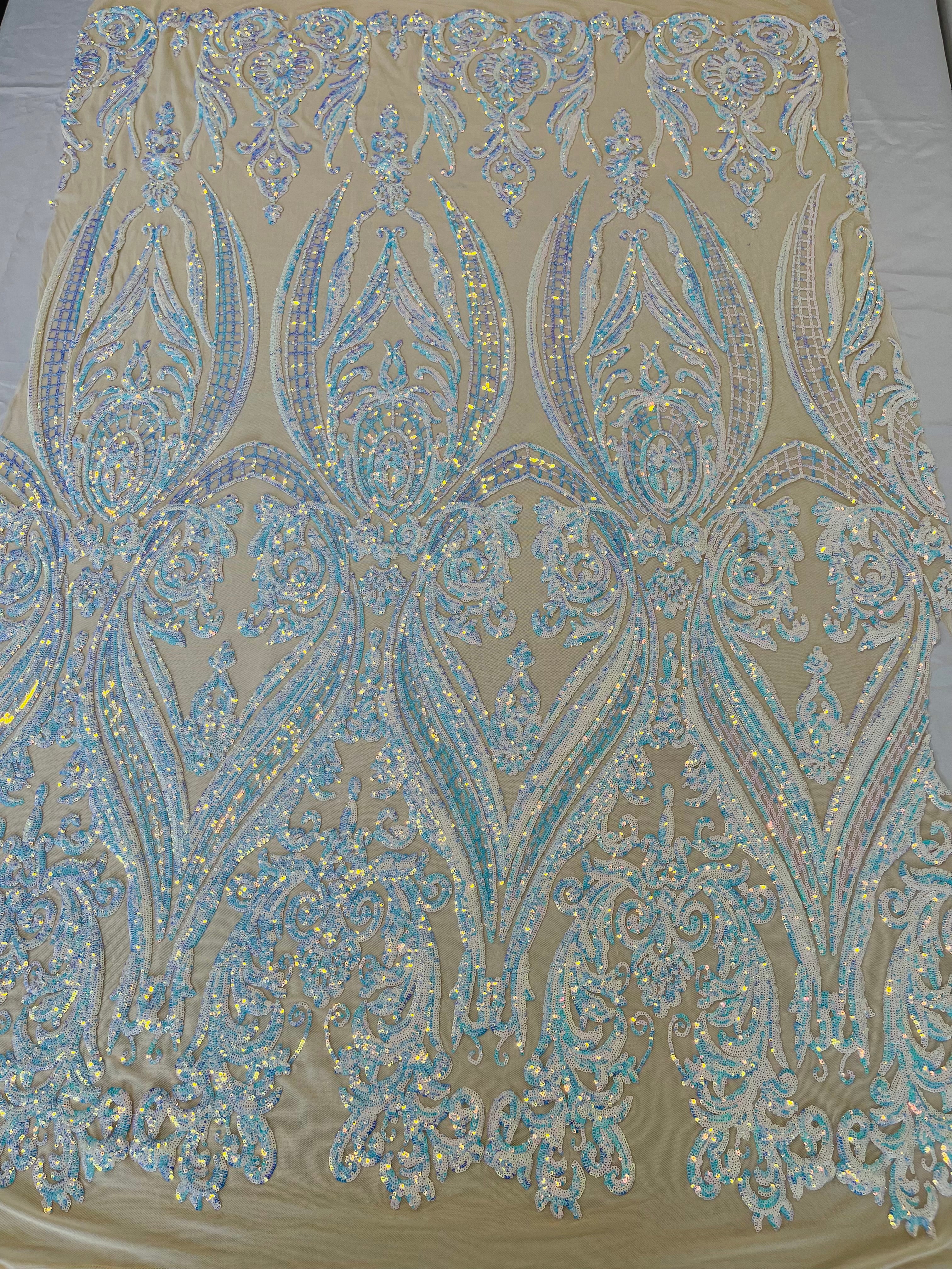 Big Damask 4 Way Sequins - Aqua Iridescent on White - Embroidered Damask Design Sequins Fabric Sold By Yard