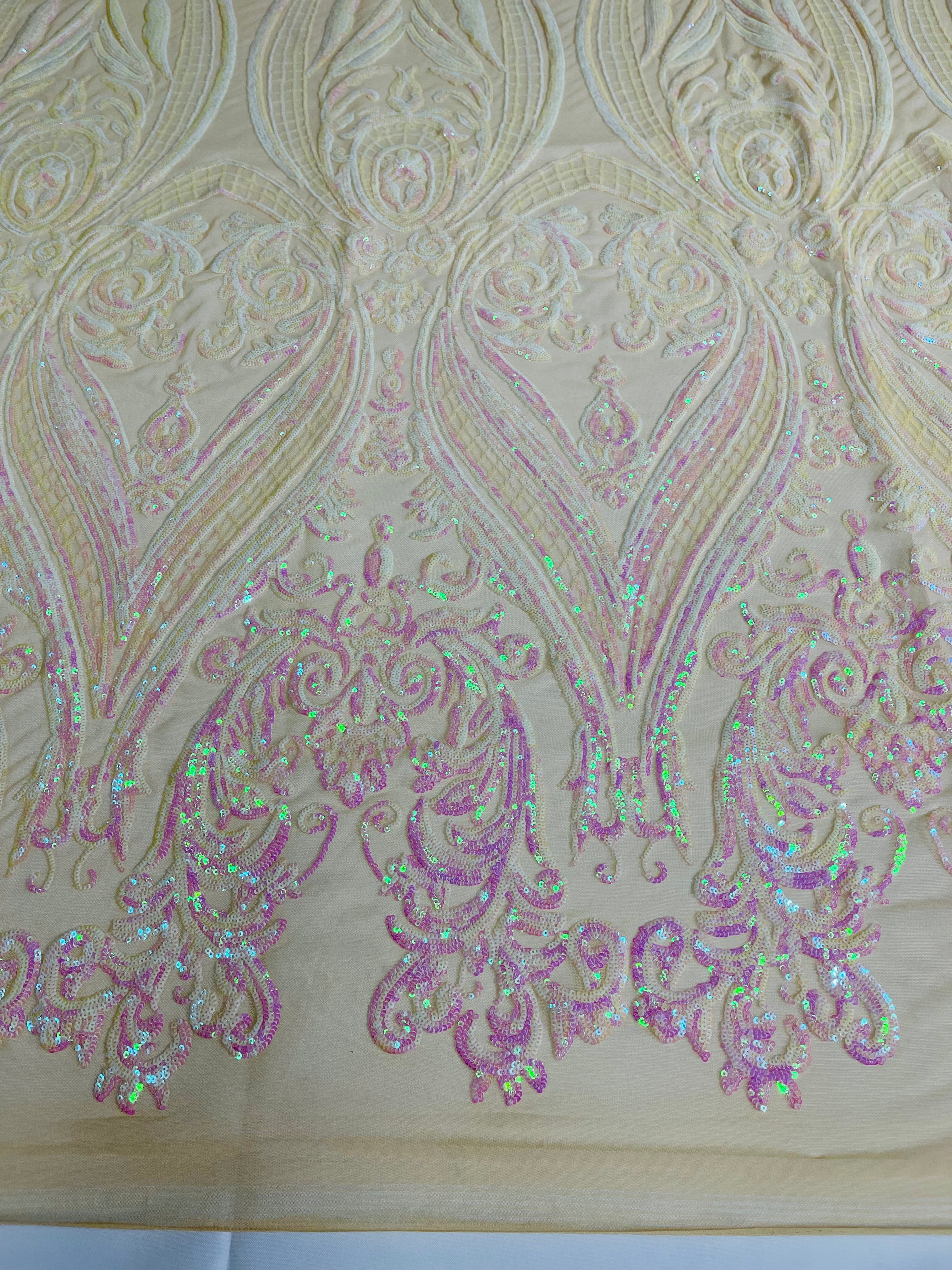 Big Damask 4 Way Sequins - Aqua Iridescent on White - Embroidered Damask Design Sequins Fabric Sold By Yard