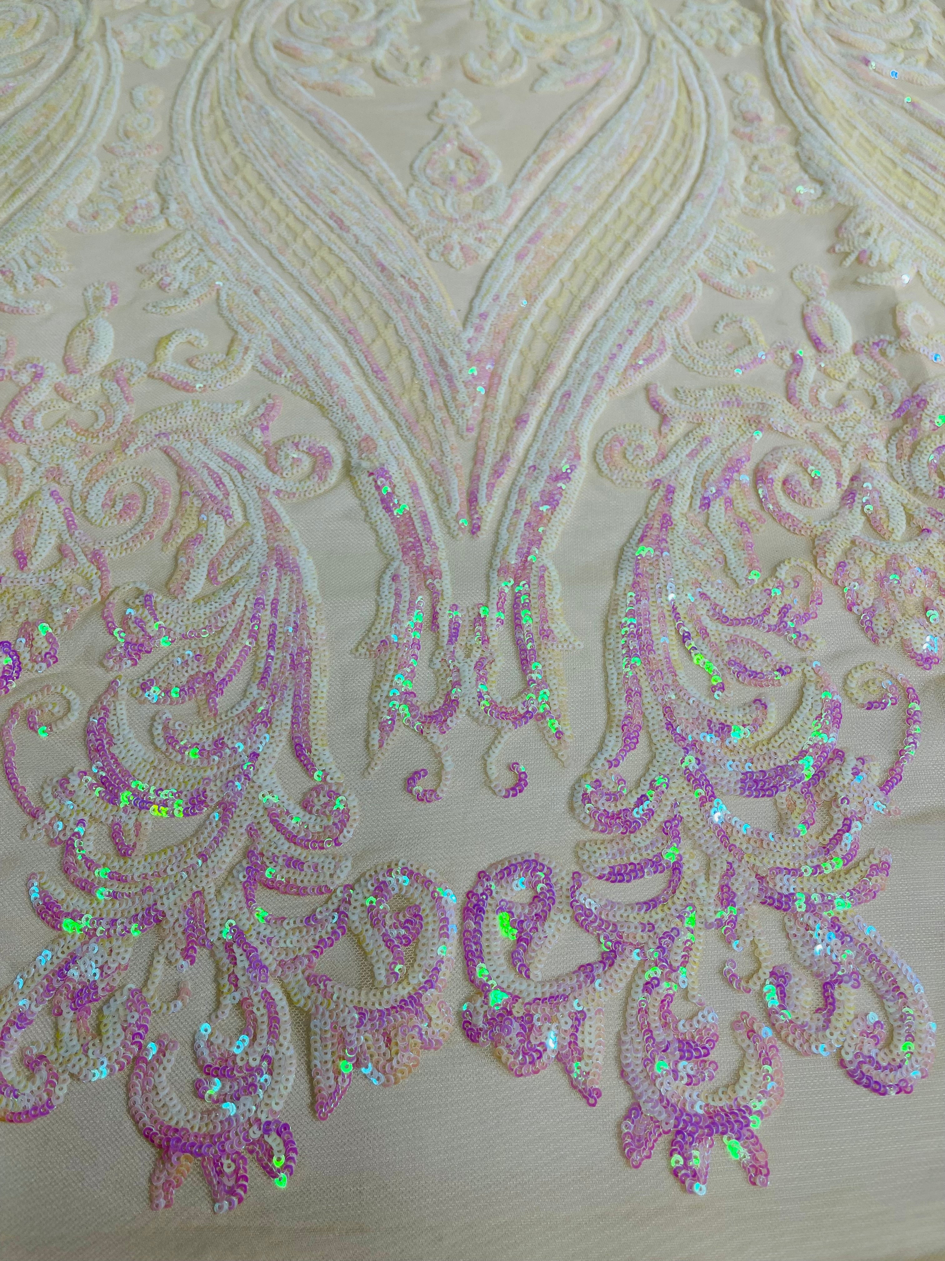 Big Damask 4 Way Sequins - Aqua Iridescent on White - Embroidered Damask Design Sequins Fabric Sold By Yard