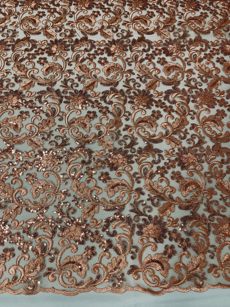 Flower Lace Sequins Corded Fabric - Copper - Embroidery Floral Design Lace Fabric By Yard