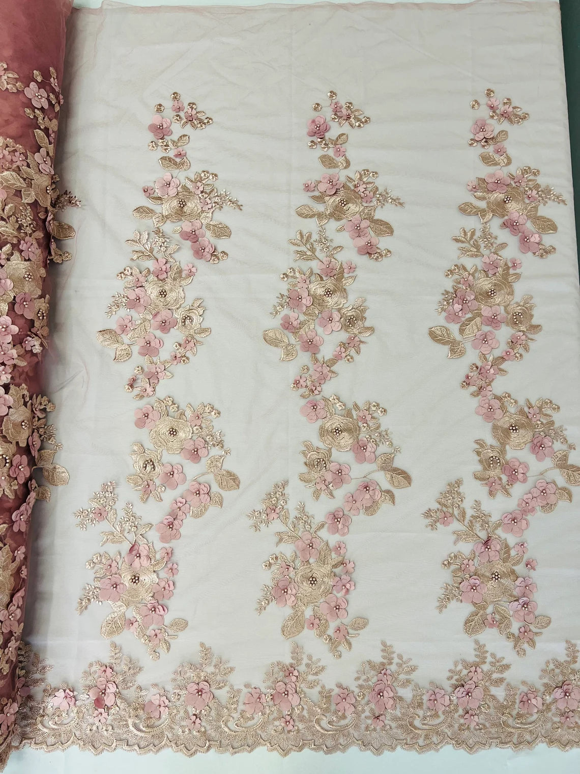 3D Flower Panels Fabric - Dusty Rose - Flower Panels Bead Embroidered on Lace Fabric Sold By Yard