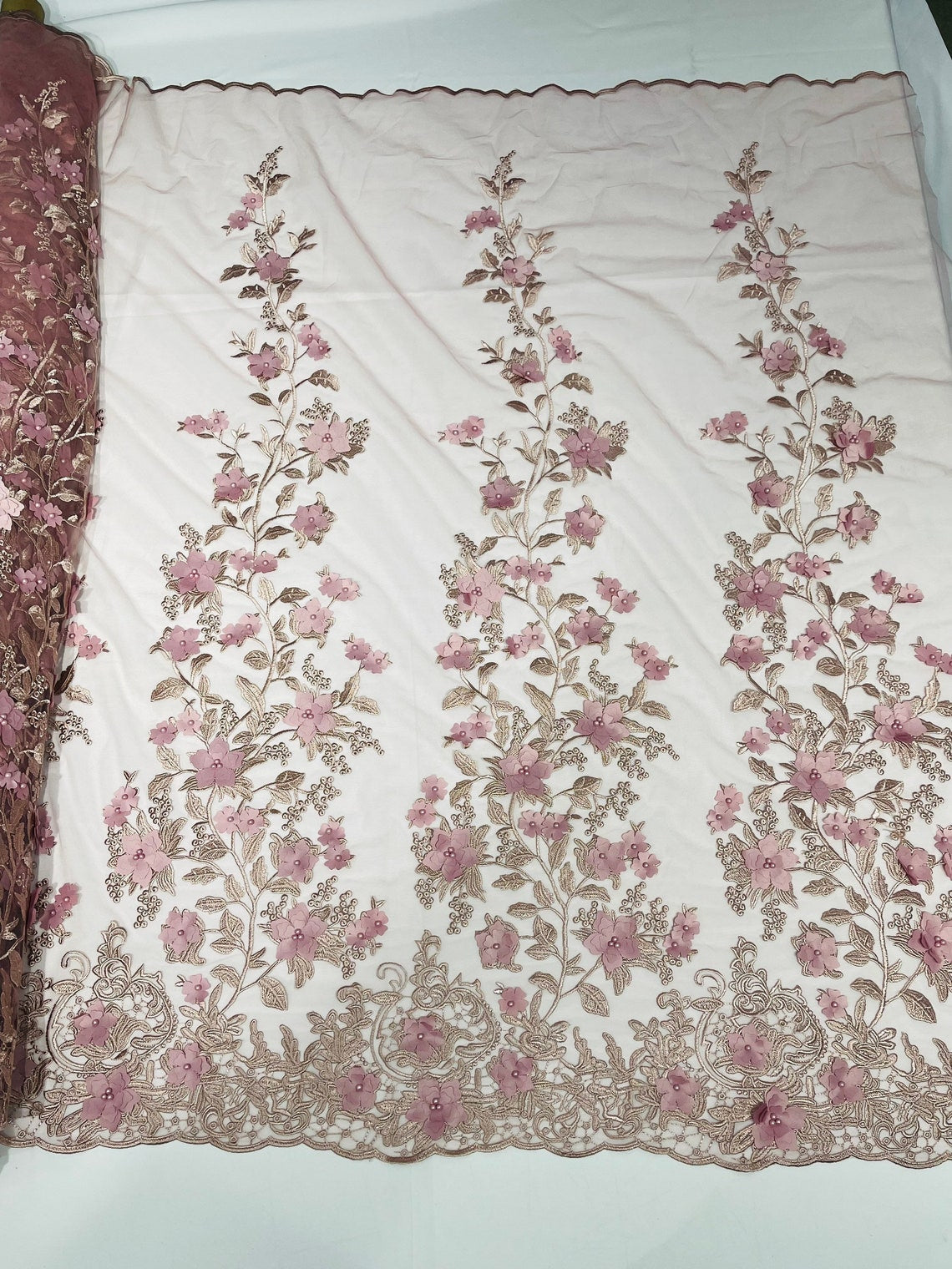 3D Floral Princess Fabric - Dusty Rose - Embroidered Floral Lace Fabric with 3D Flowers By Yard